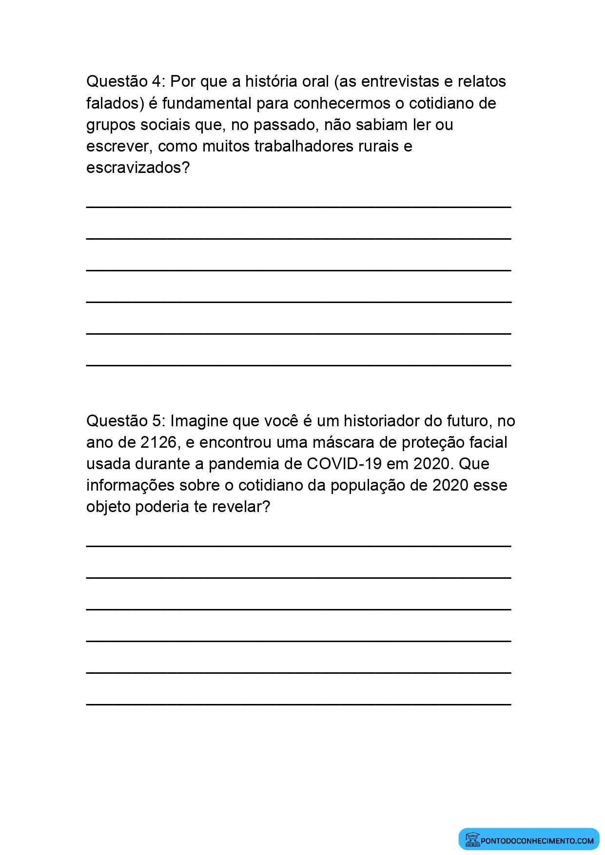 Exercícios de História sobre comparação de pontos de vista para o 5º ano