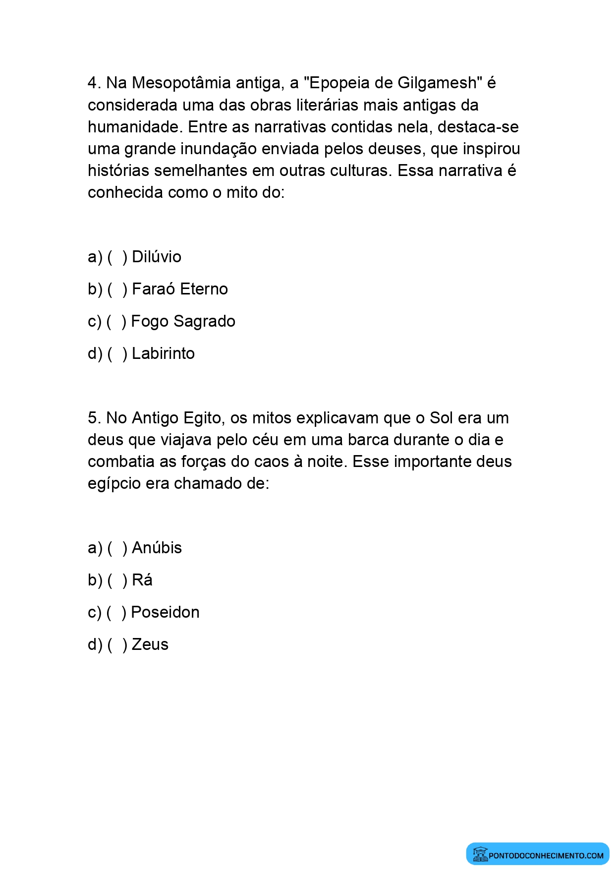 Atividade sobre Mitos de Origem e Crenças Religiosas na Antiguidade