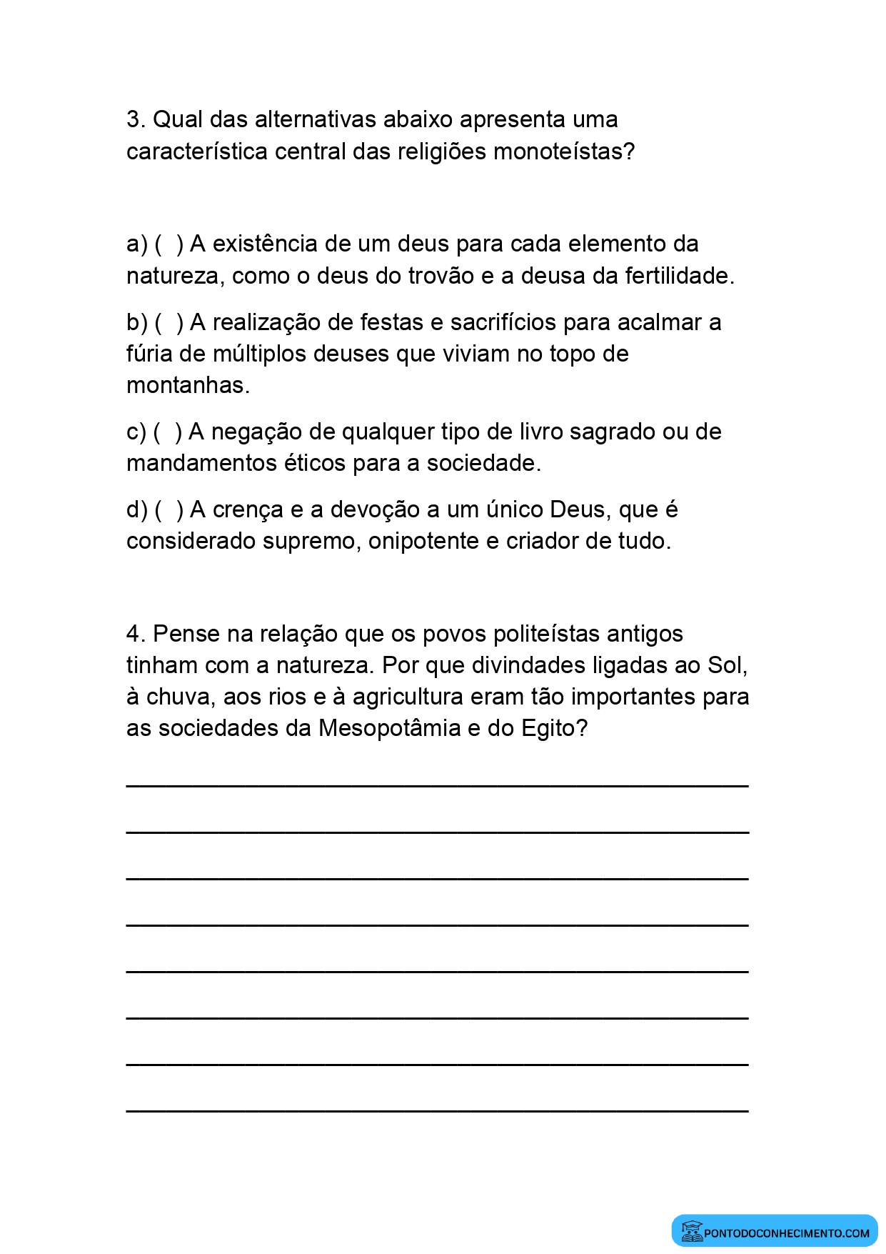 Atividade sobre Politeísmo e Monoteísmo para o 5º Ano