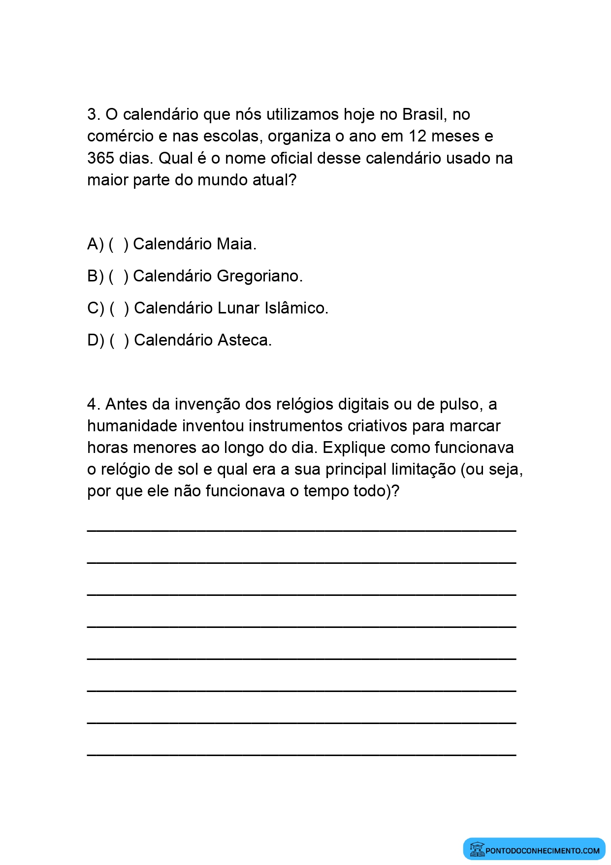 Atividade sobre Calendários e a Medição do Tempo para o 5º Ano