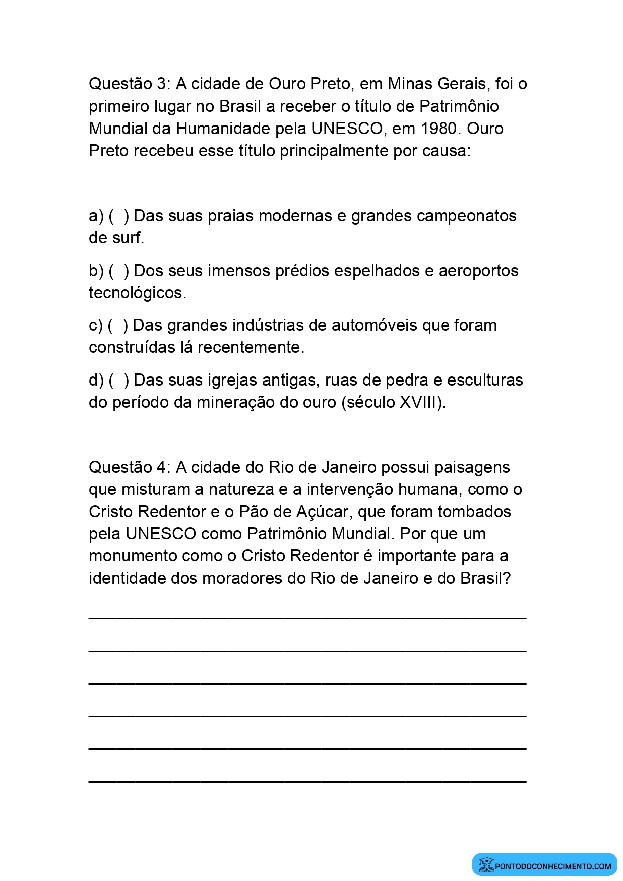 Atividade sobre Patrimônio Cultural Brasileiro e Mundial para o 5º Ano