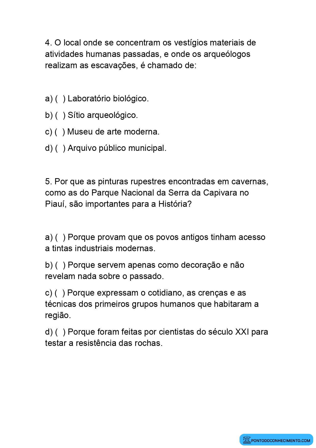 Atividade de Múltipla Escolha de História 5º Ano Arqueologia