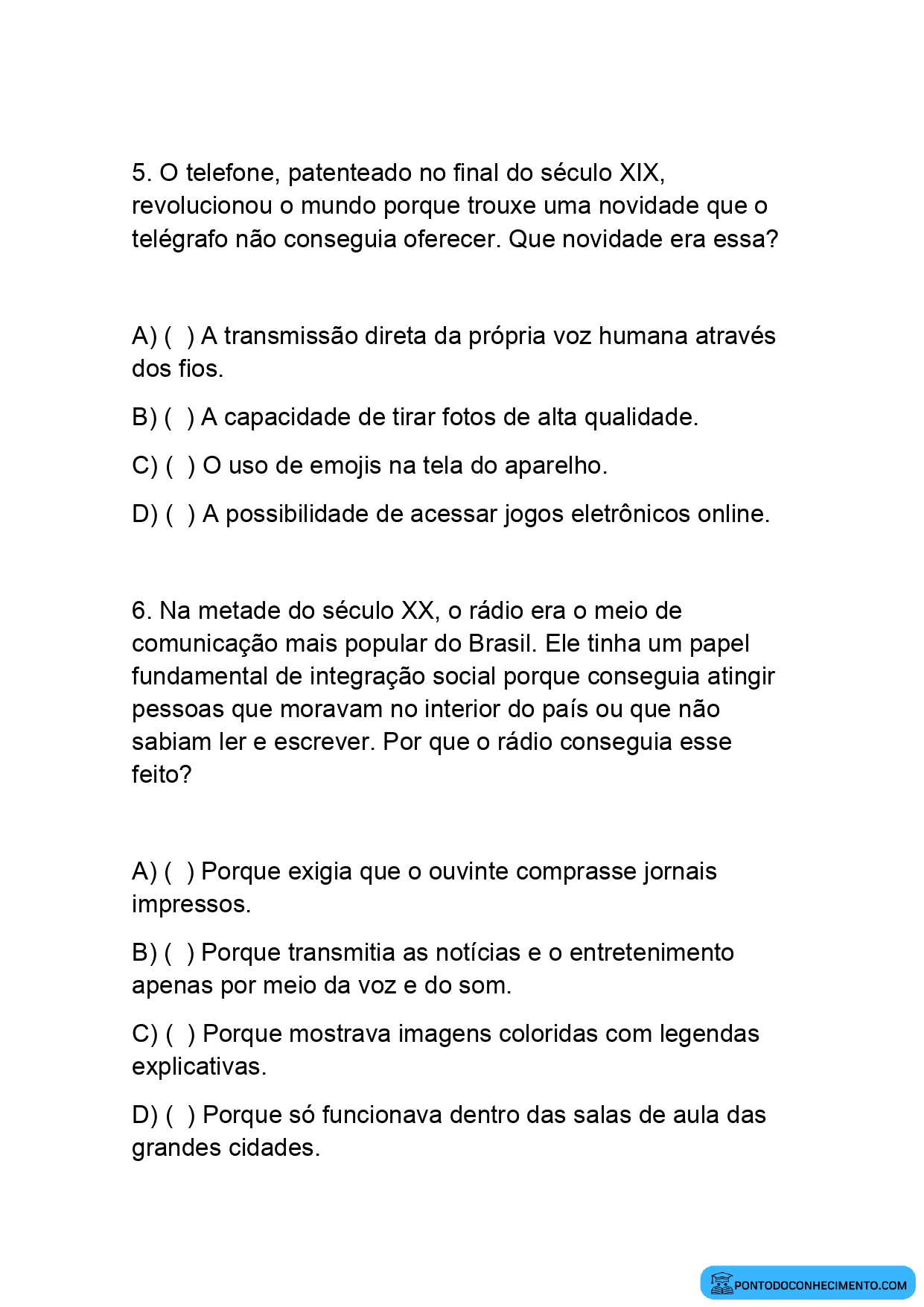 Atividade de História sobre a evolução dos meios de comunicação quinto ano