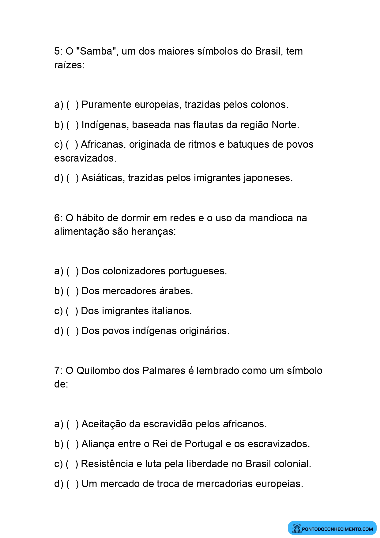 Atividade sobre a cultura dos povos indígenas e africanos quinto ano