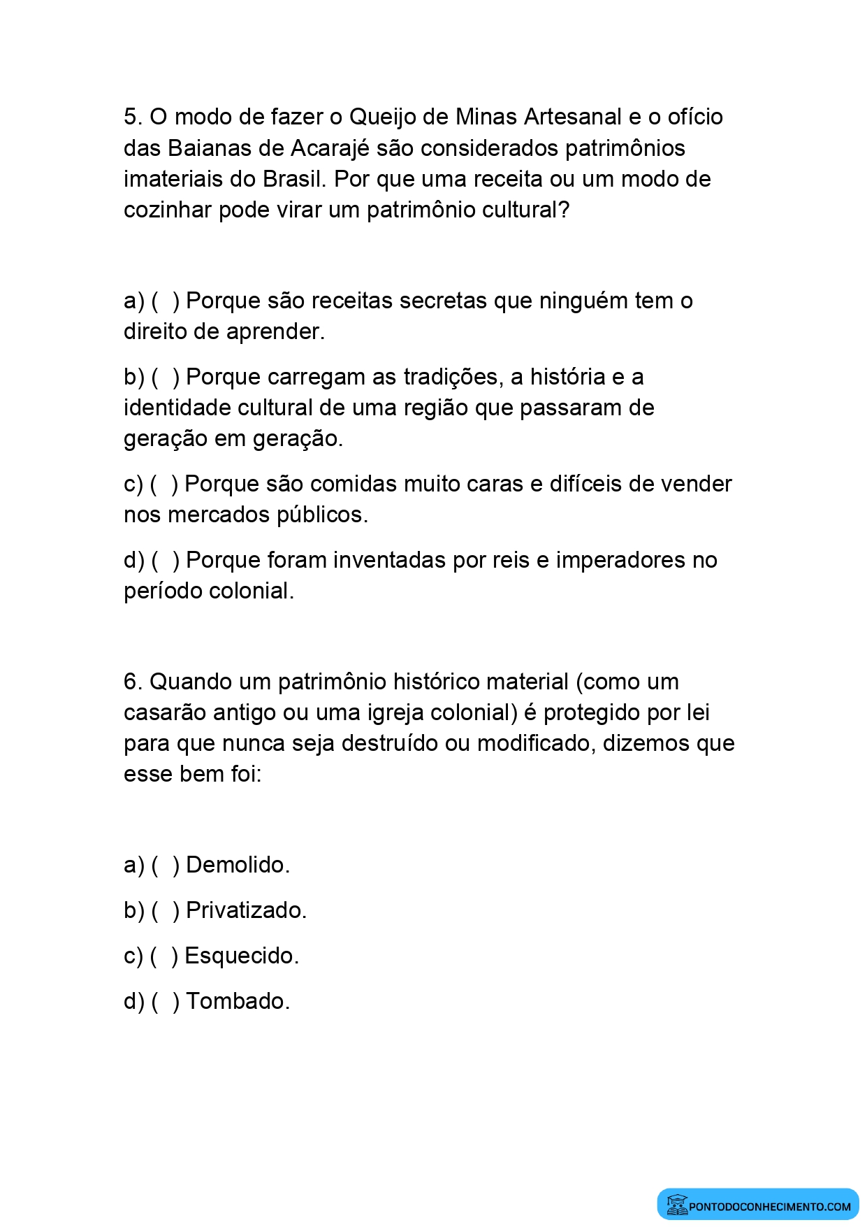 Questões de História sobre patrimônios da humanidade quinto ano