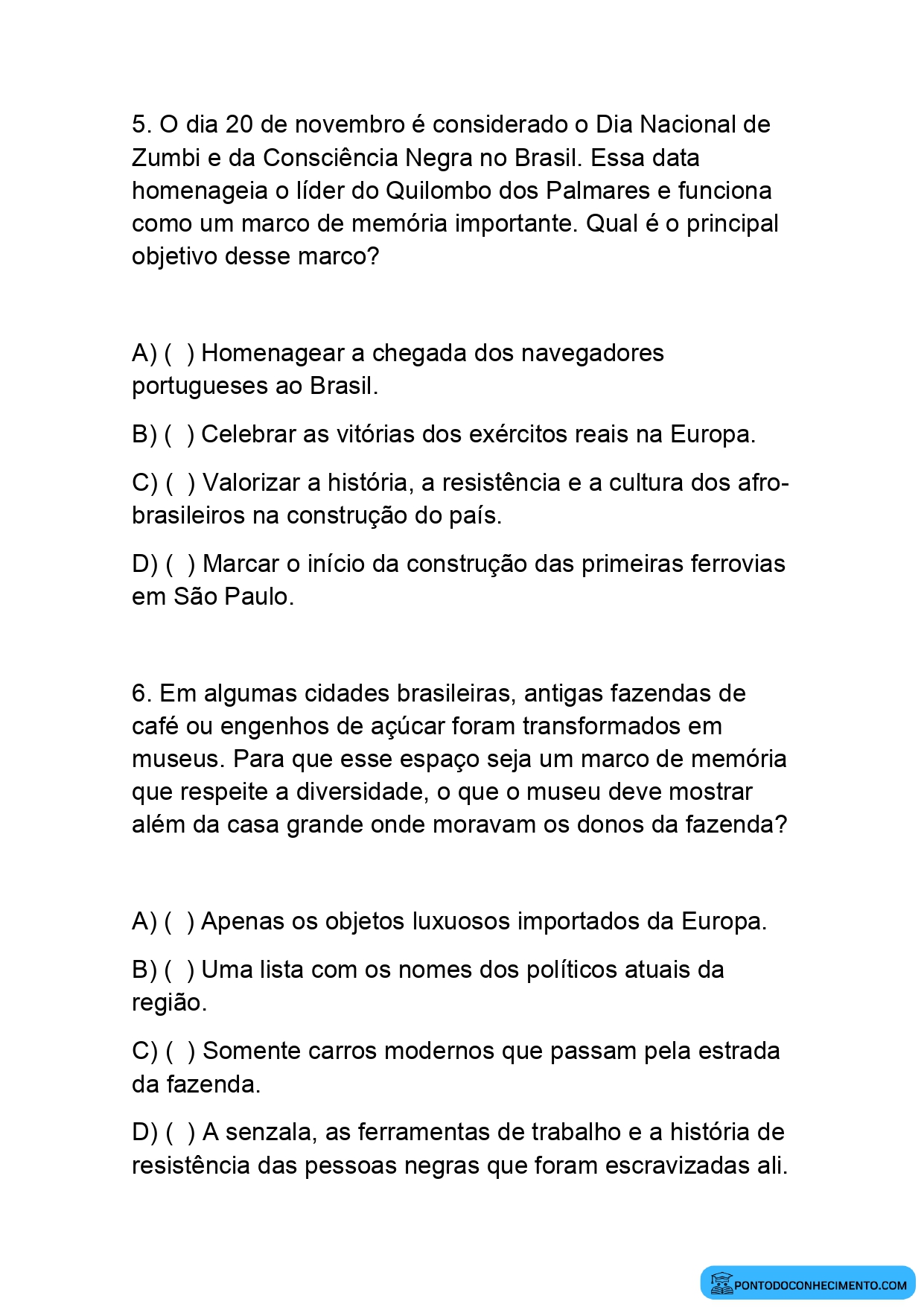 Questões de História sobre marcos de memória e identidade cultural