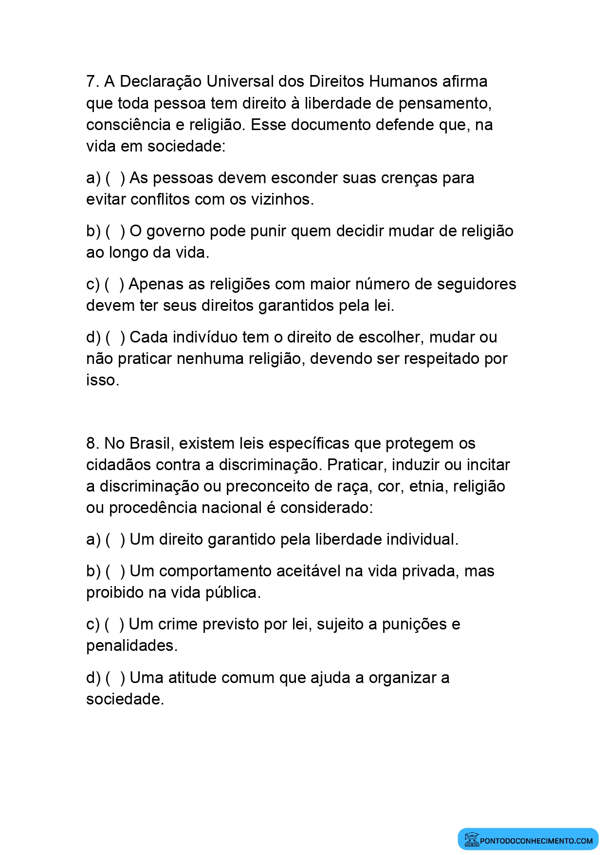 Questões de História sobre diversidade cultural e crenças