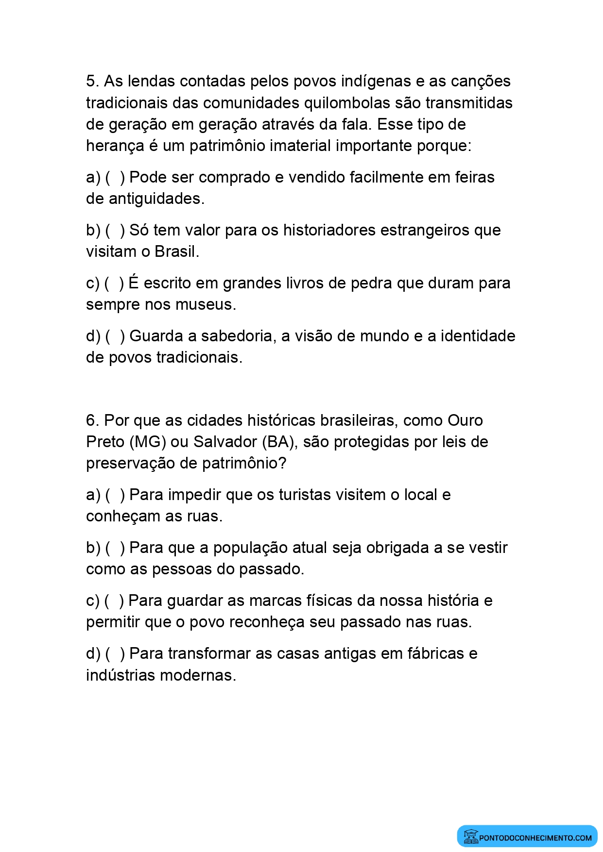 Questões de História sobre a importância do patrimônio cultural