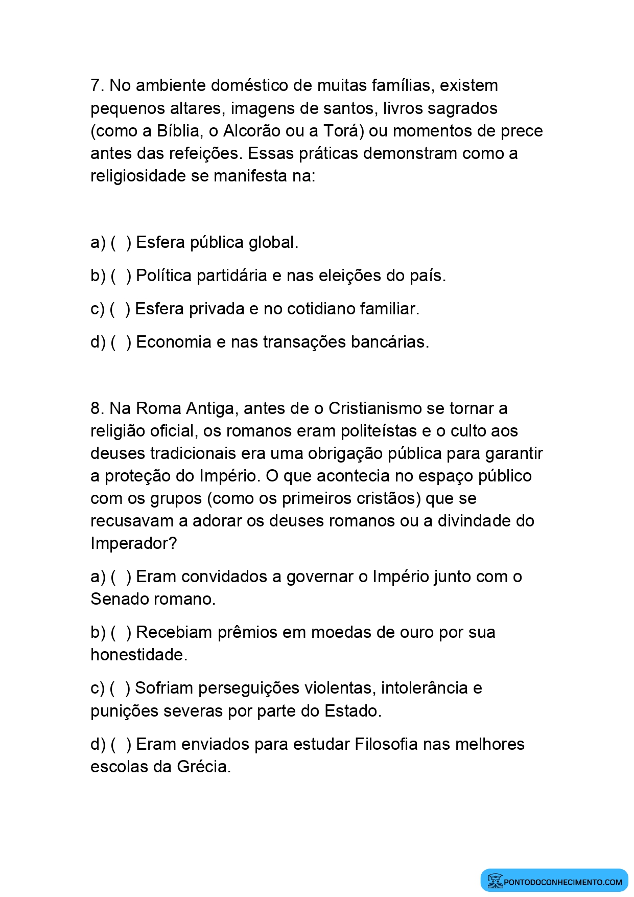 Questões Objetivas de História sobre Religiosidade e Sociedade para o 5º Ano