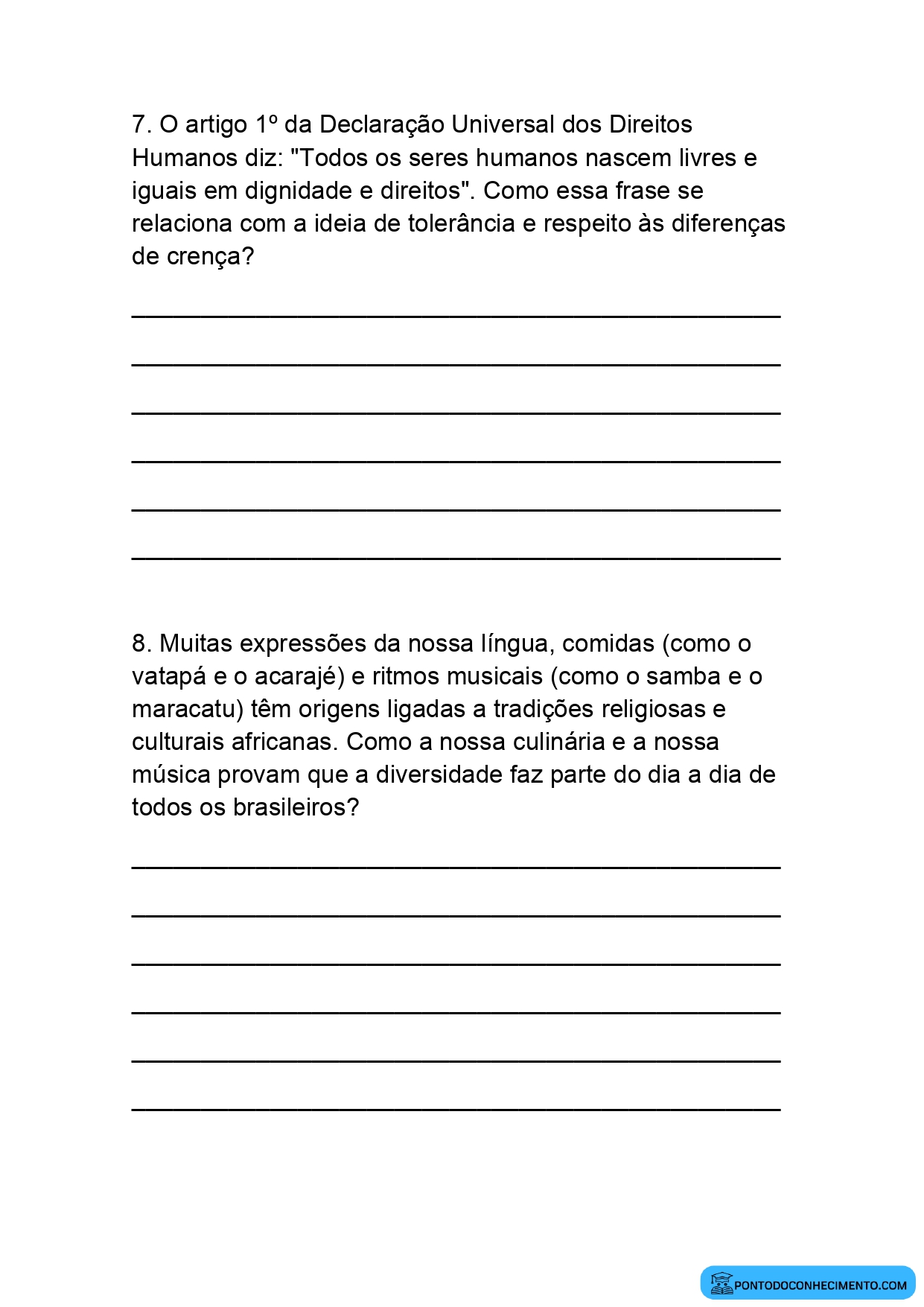 Atividades sobre diversidade cultural e convivência respeitosa para o 5º ano