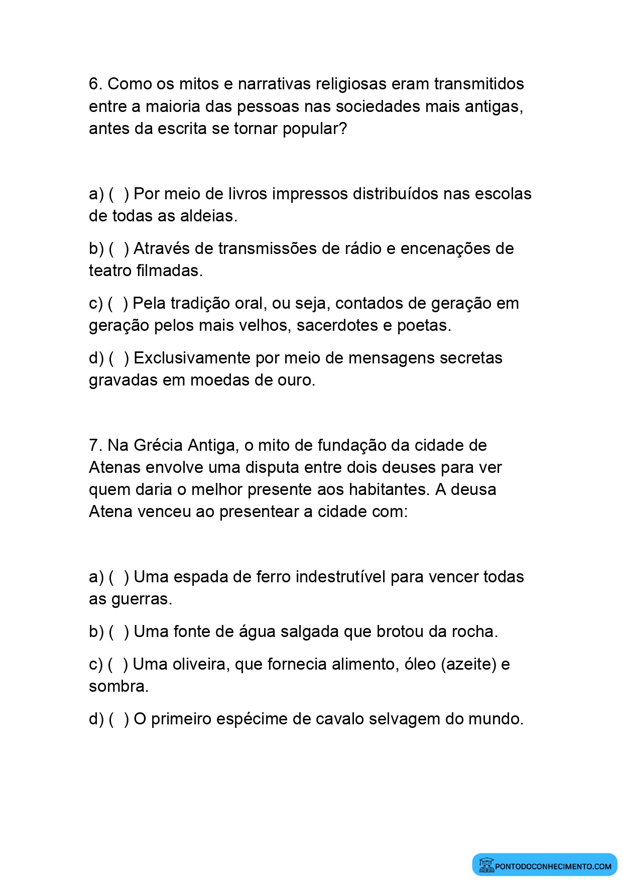 Questões Objetivas de História sobre Mitos de Fundação e Religiões Antigas