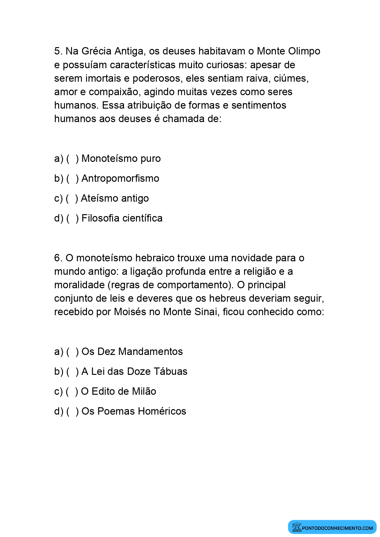 Questões de História 5º Ano sobre Crenças Religiosas das Sociedades Antigas