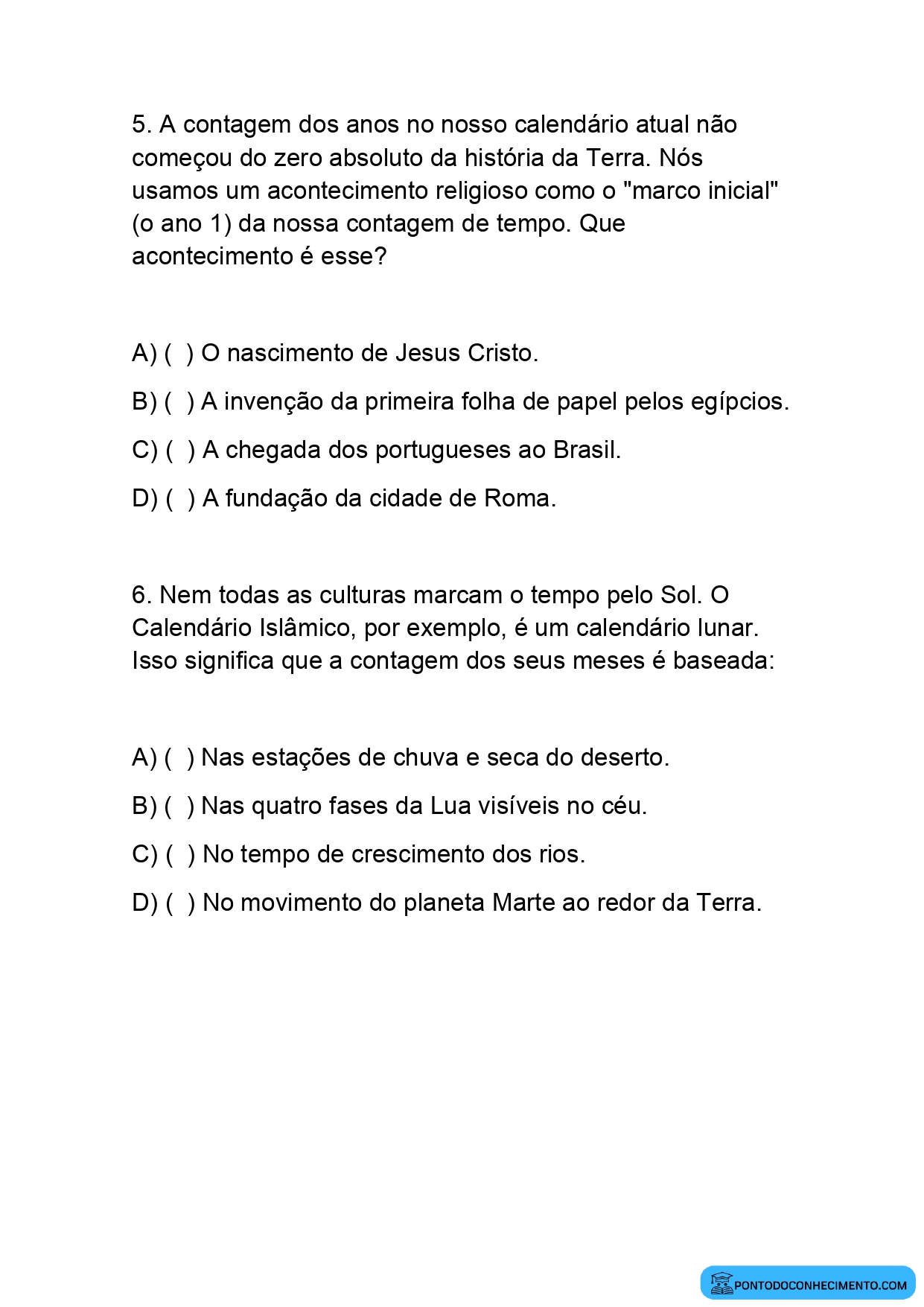 Questões de História 5º Ano sobre a Organização do Tempo e os Calendários