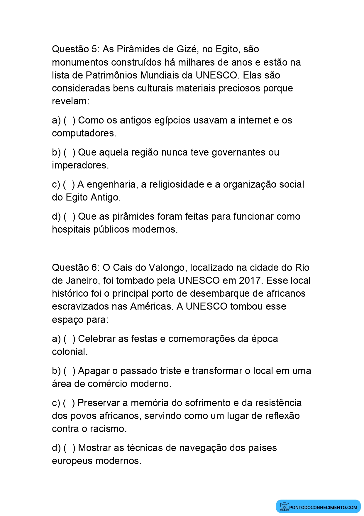 Questões de História 5º Ano sobre Bens Culturais e Patrimônio Histórico