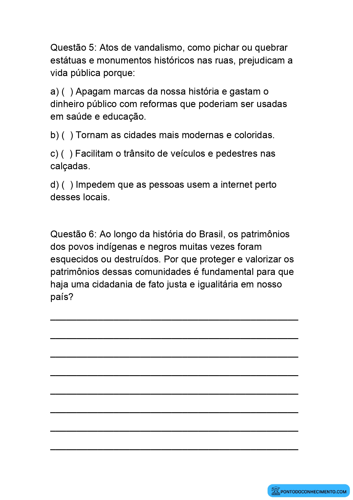 Questões de História 5º Ano sobre Patrimônio Histórico e Participação Cidadã