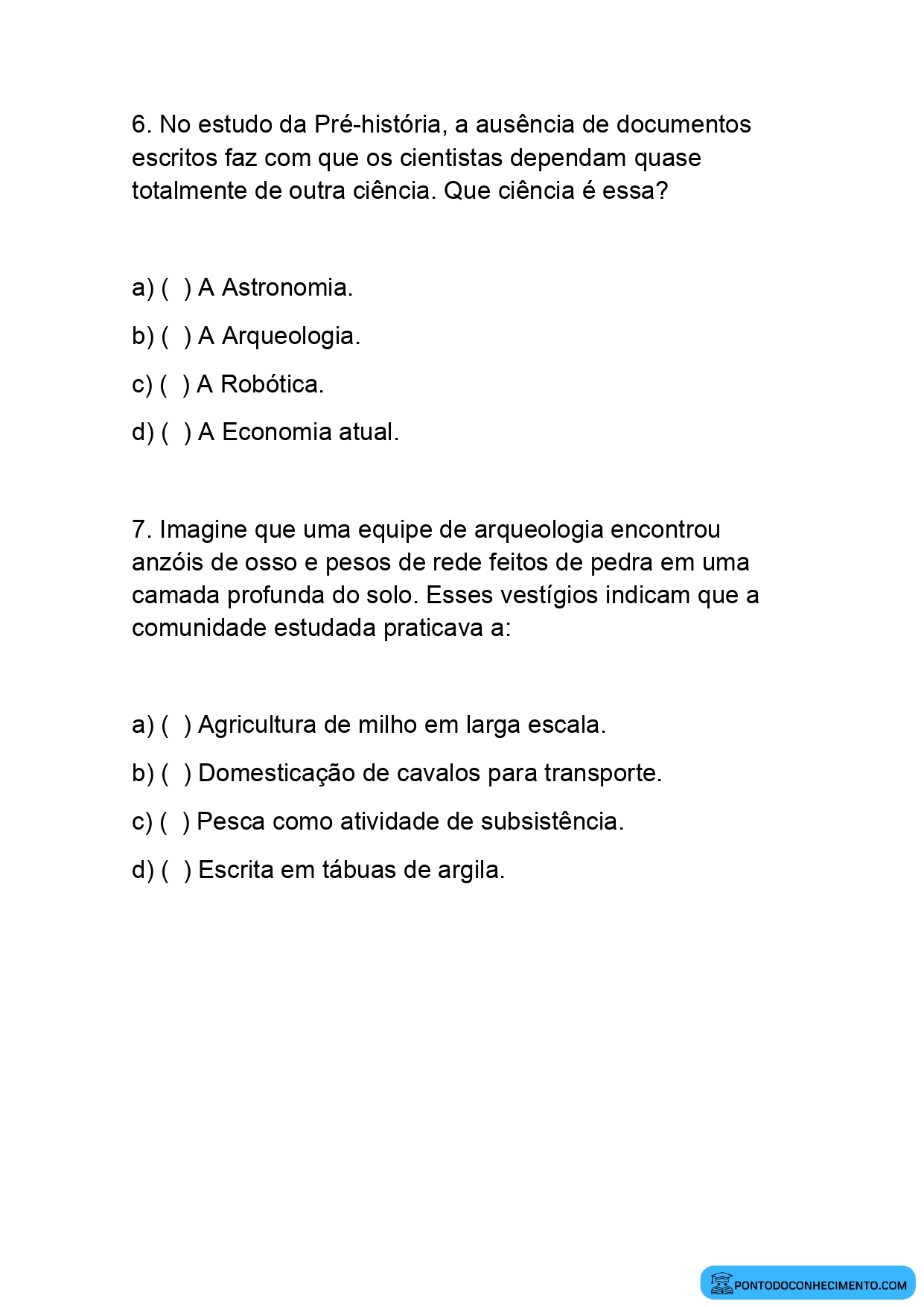 Questões de História sobre Arqueologia para o 5º Ano