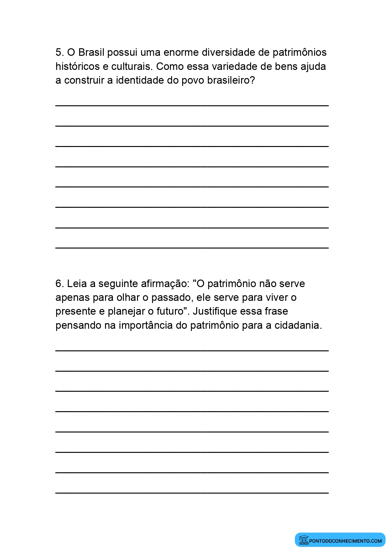 Atividade sobre patrimônio cultural para o quinto ano ensino fundamental
