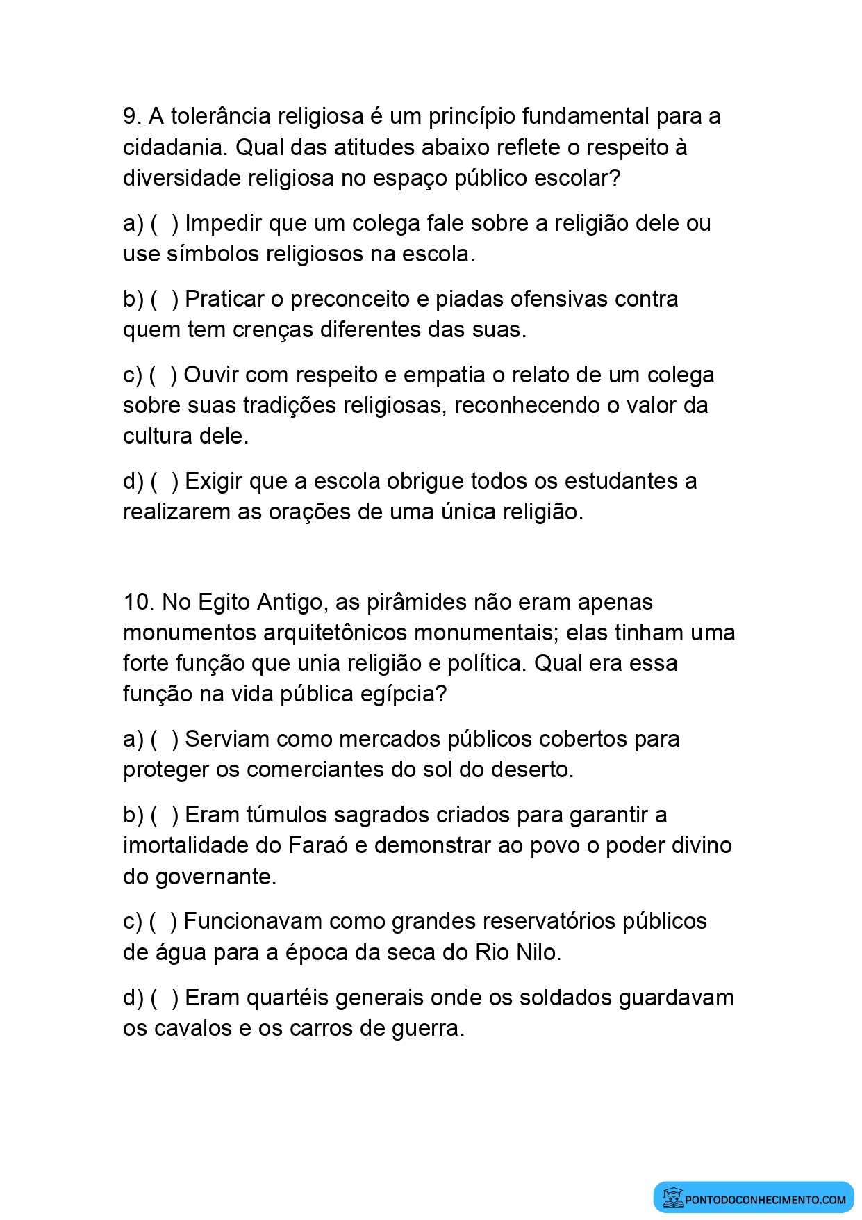 Atividade de História sobre Crenças Religiosas na Vida das Pessoas e das Comunidades
