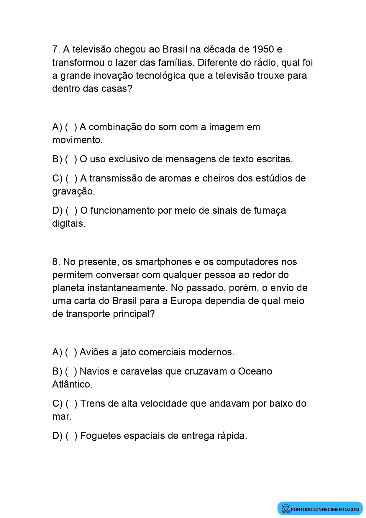 Atividade sobre comunicação no passado e no presente quinto ano