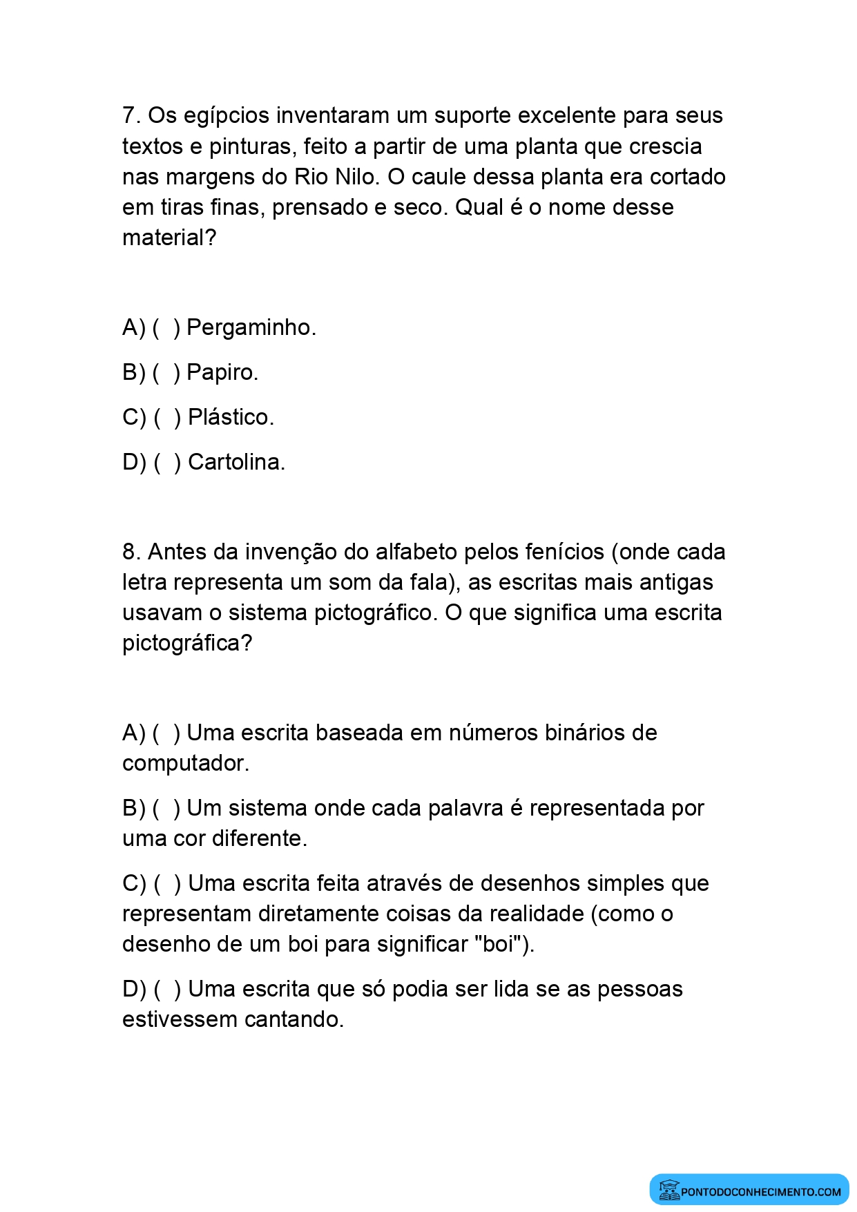 Atividade de múltipla escolha sobre a história da escrita quinto ano