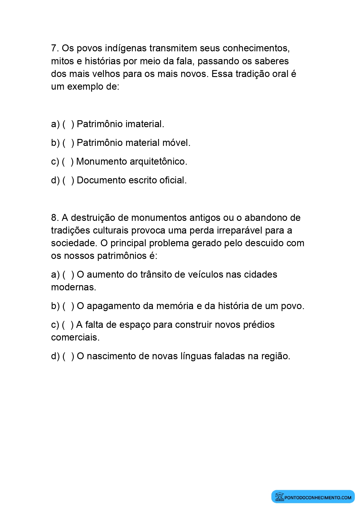 Atividade de múltipla escolha sobre patrimônio cultural quinto ano