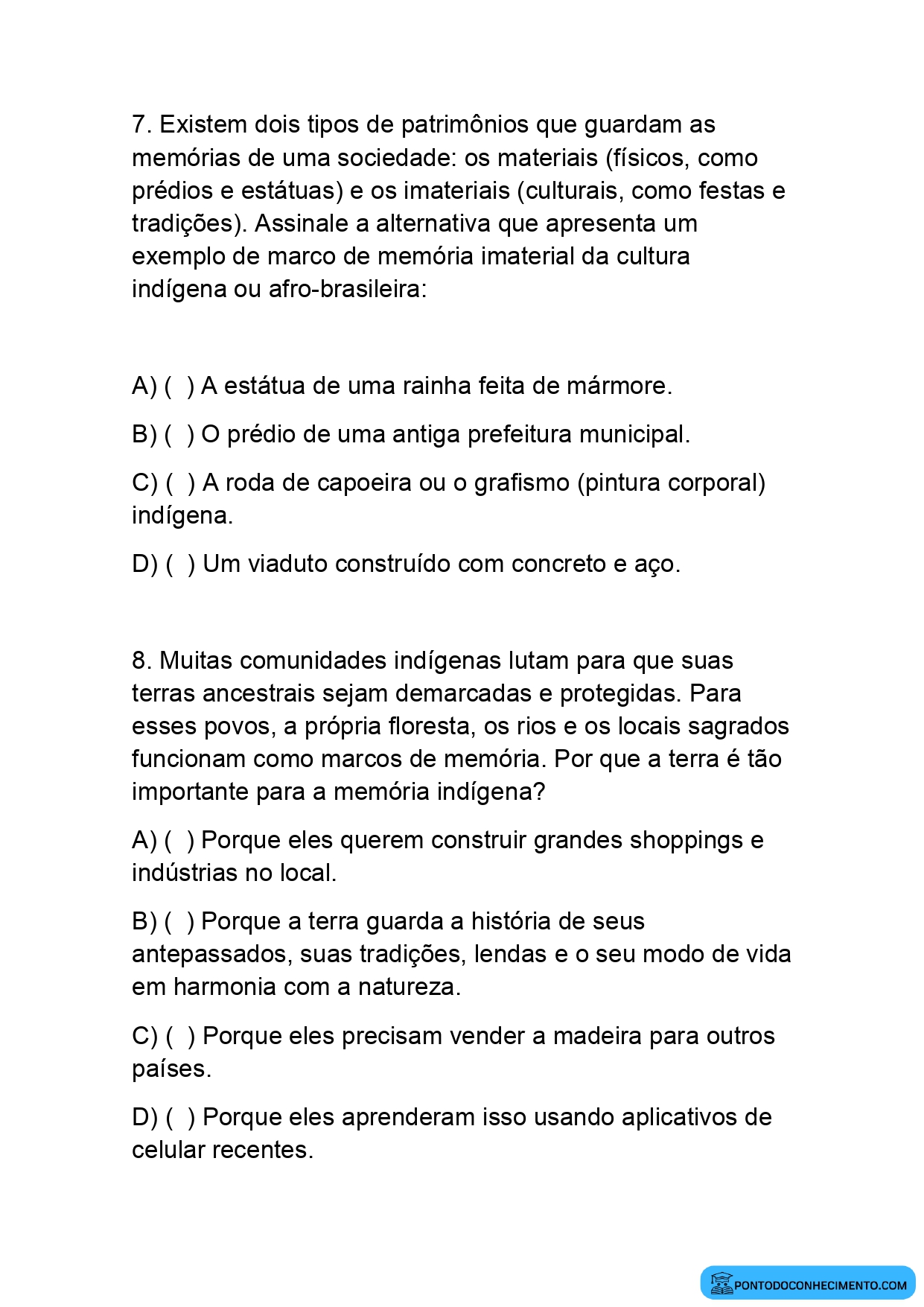 Atividade de múltipla escolha sobre memória e representação social quinto ano