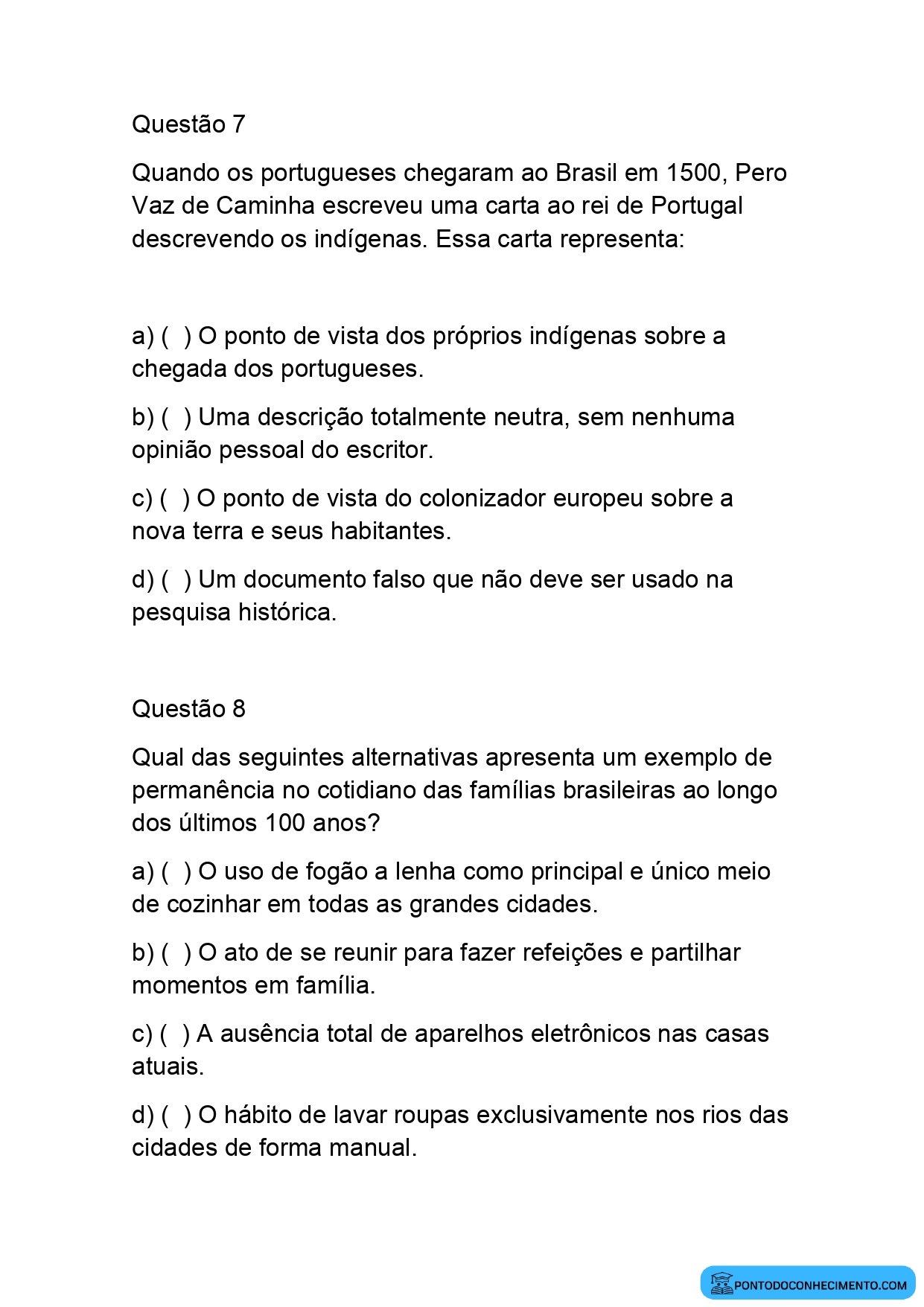 Atividade de múltipla escolha sobre interpretação de fontes históricas quinto ano