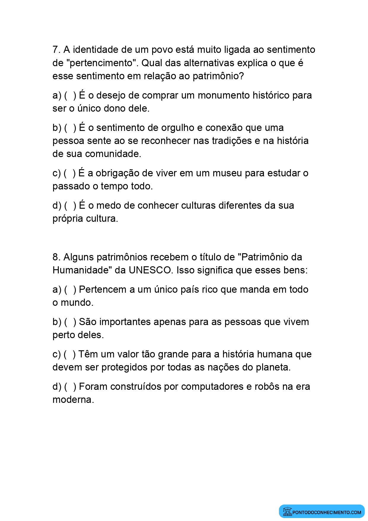 Atividade de múltipla escolha sobre patrimônio cultural e identidade quinto ano