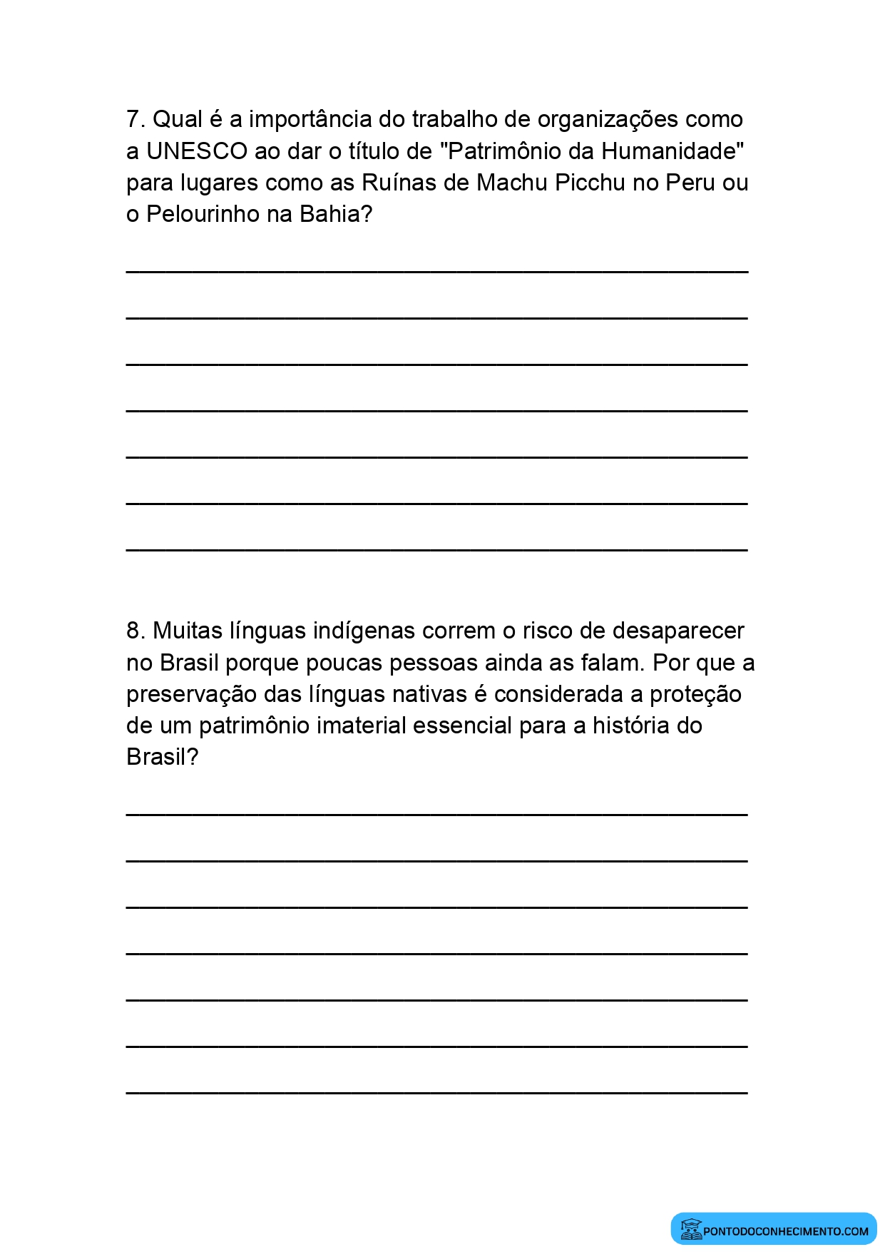 Atividades de interpretação sobre patrimônios materiais e imateriais 5º ano