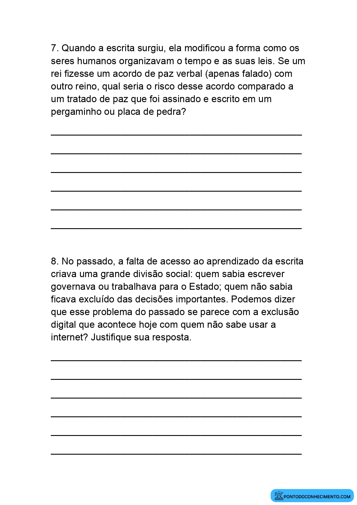 Avaliação de História 5º ano sobre o surgimento da escrita