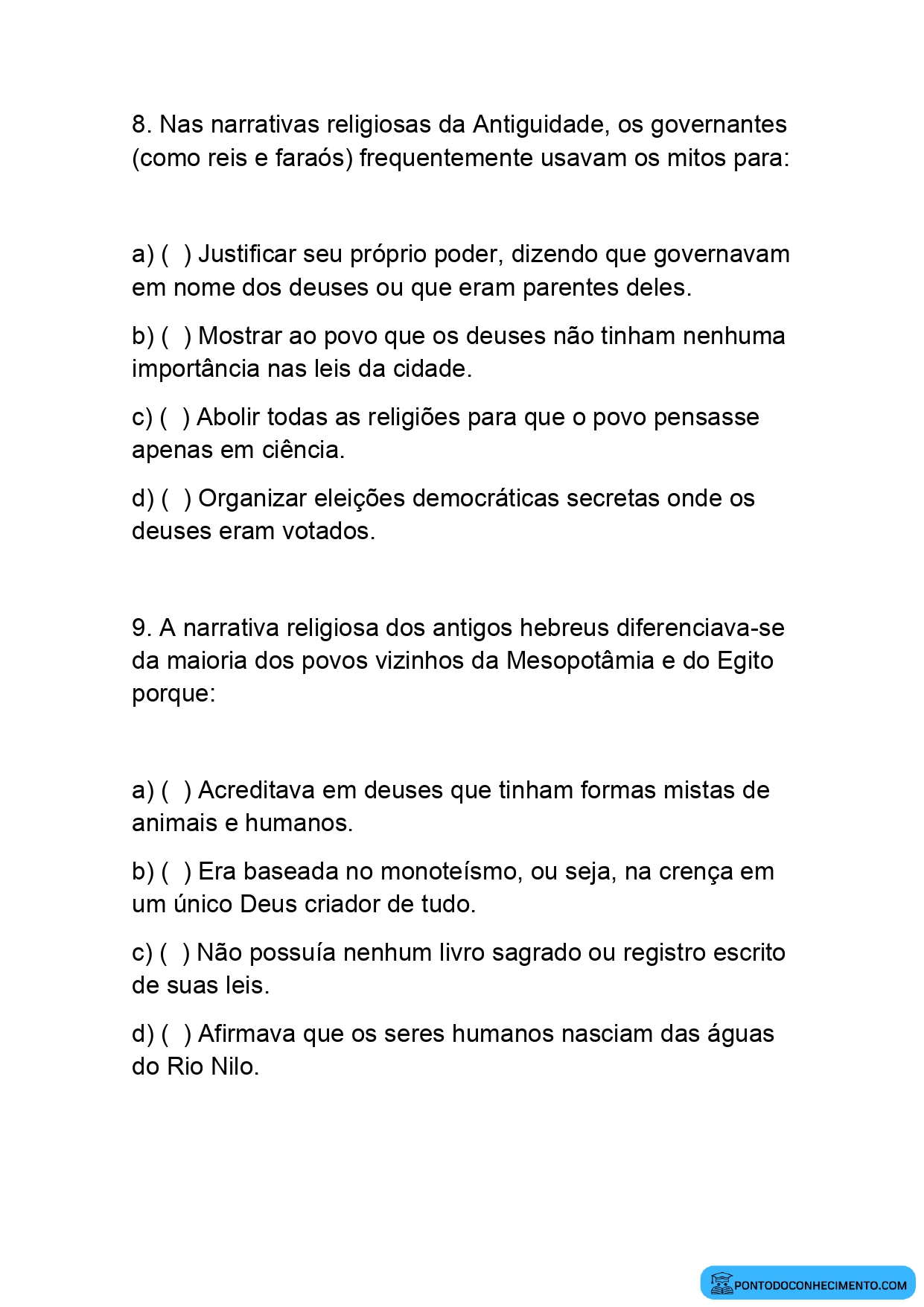 Atividade de História sobre as Histórias de Origem das Civilizações Antigas