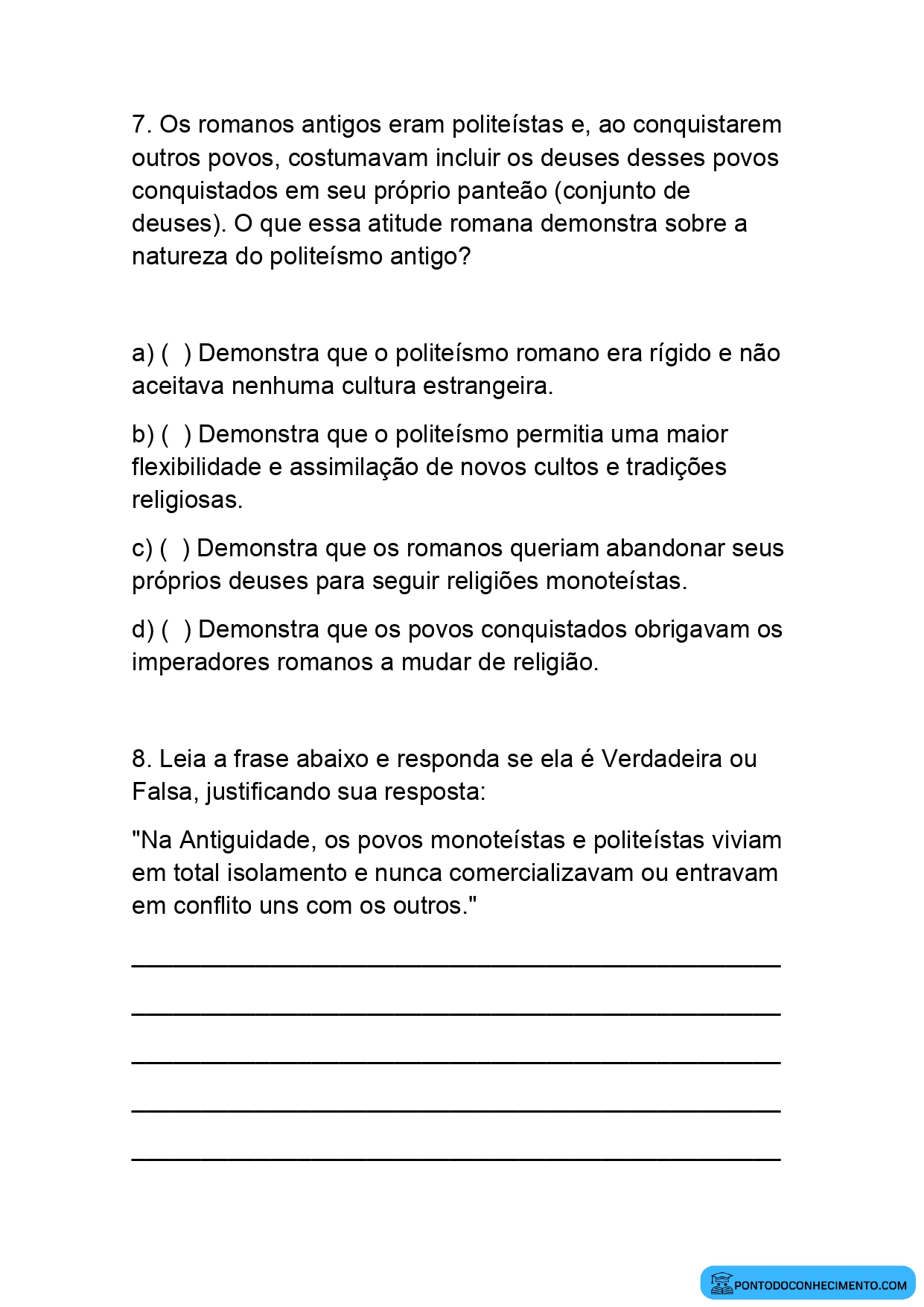 Atividade Escolar sobre o Politeísmo e o Monoteísmo nas Civilizações Antigas