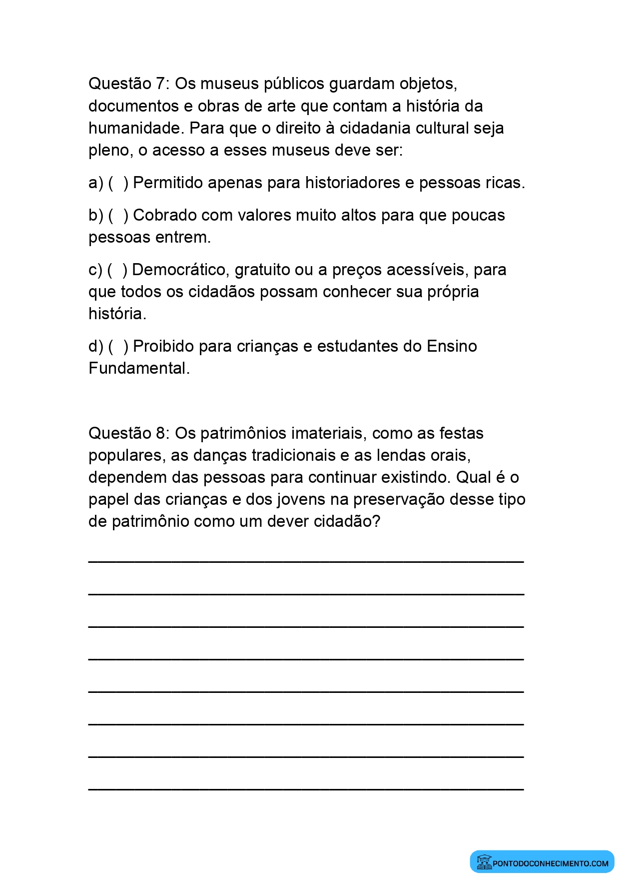 Atividade Escolar sobre Patrimônio Cultural e Exercício da Cidadania