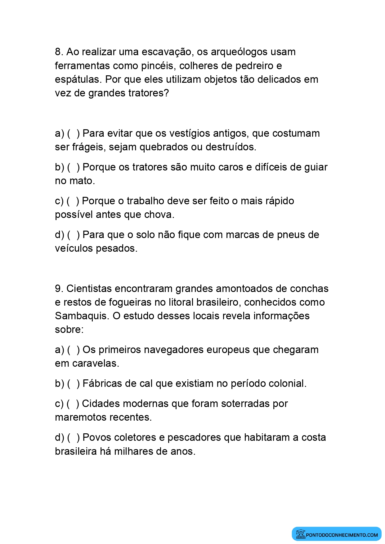 Atividade sobre os Vestígios do Passado para o 5º Ano