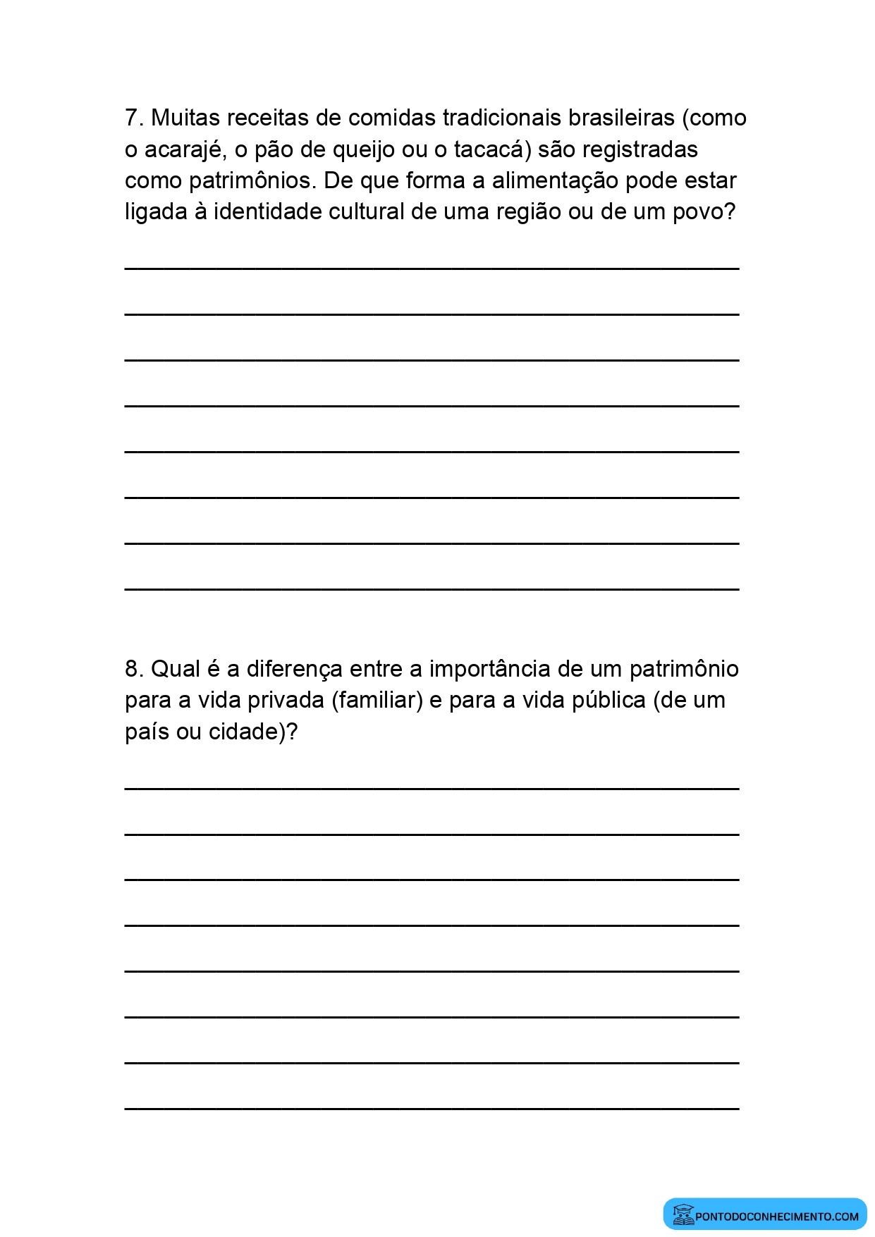 Exercícios de História para o quinto ano sobre patrimônio cultural