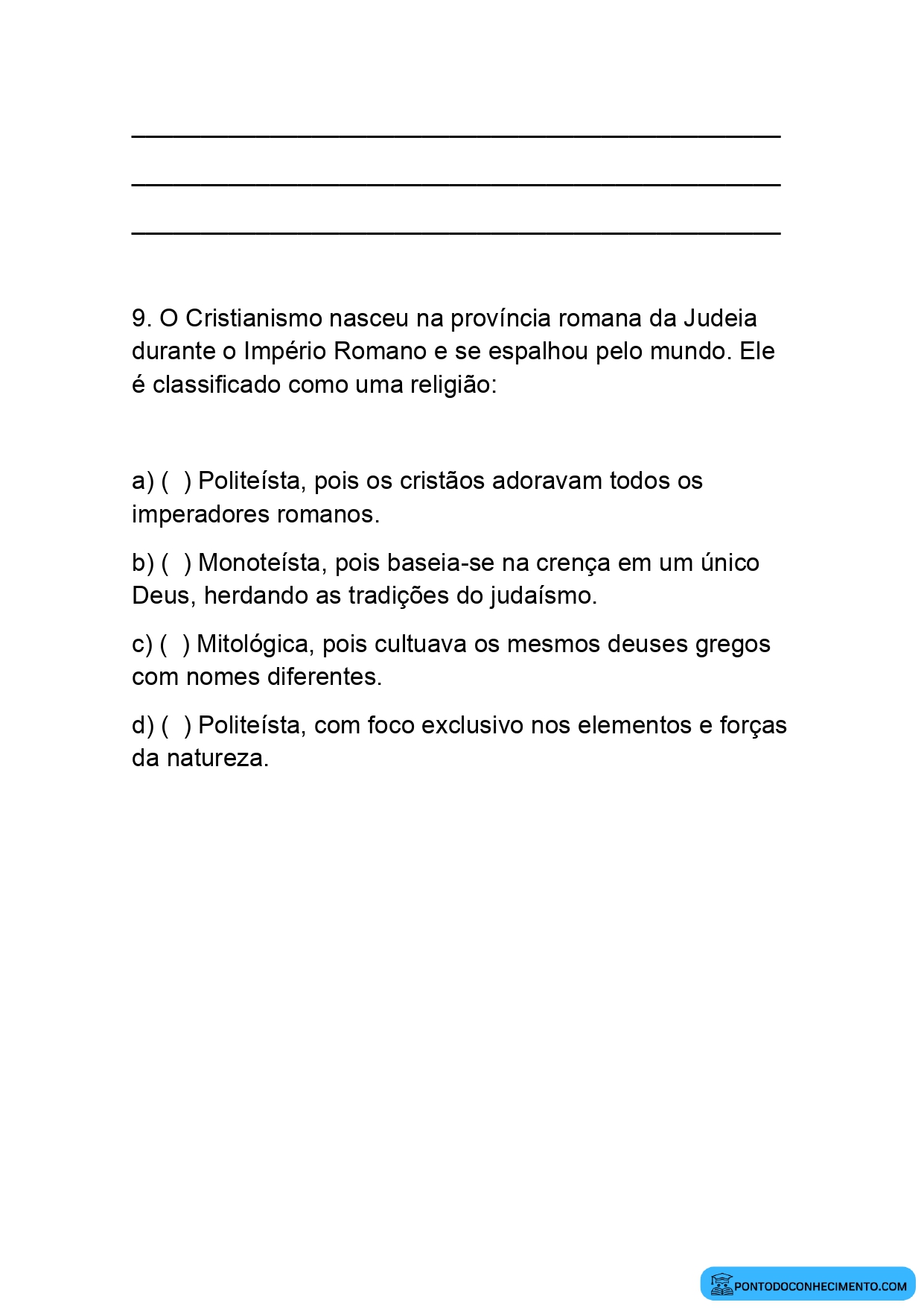 Avaliação de História 5º Ano sobre Religiões da Antiguidade