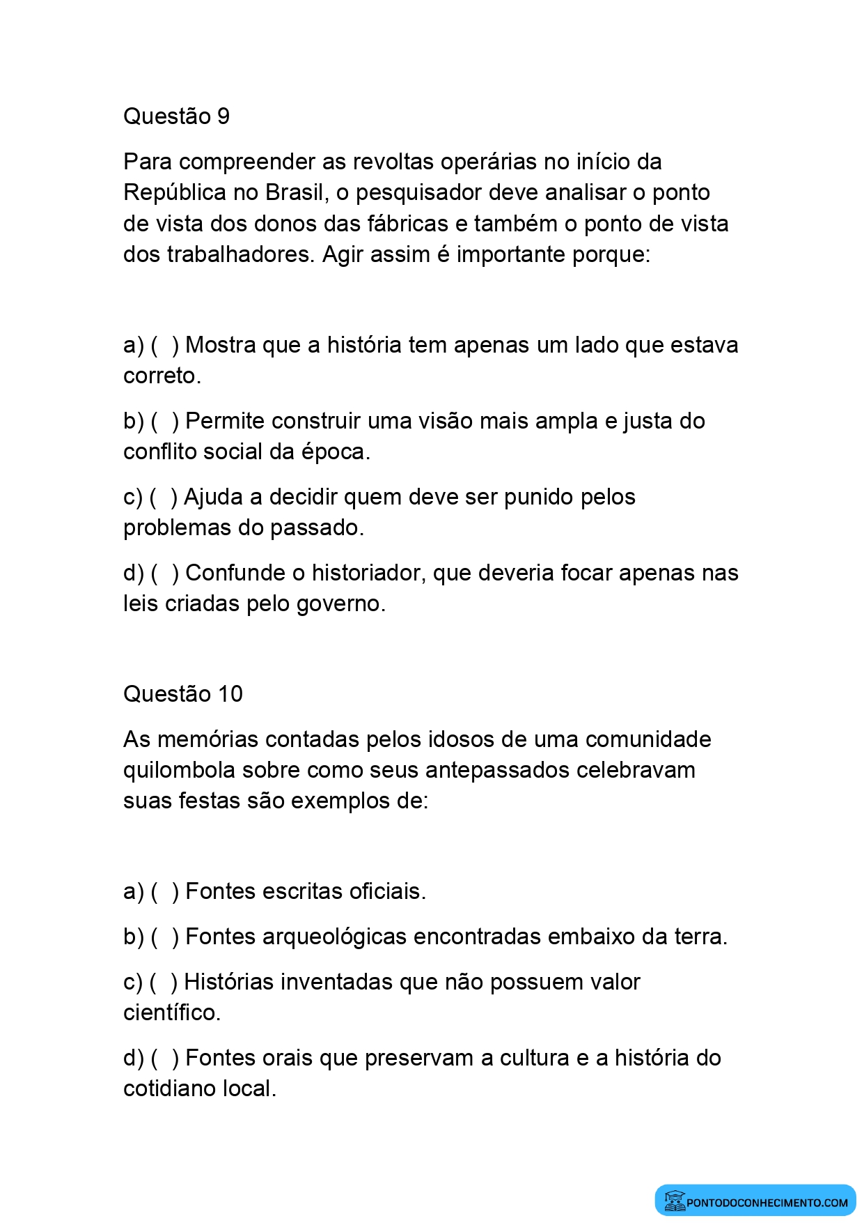 Exercícios sobre diferentes perspectivas na História quinto ano