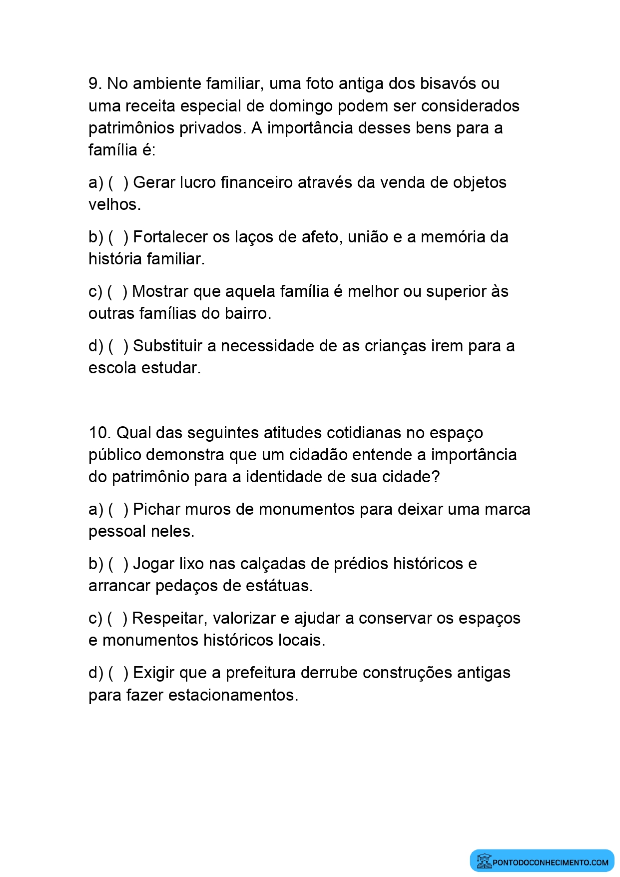 Atividade de História quinto ano sobre patrimônio e memória dos povos