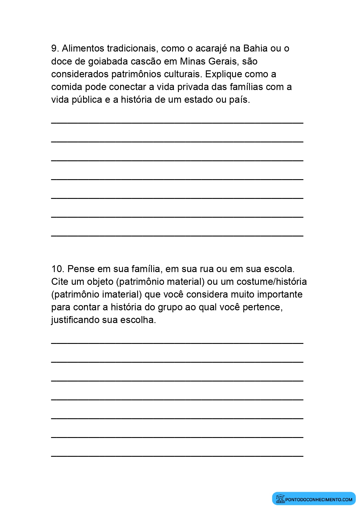Questões abertas de História sobre patrimônio cultural para o 5º ano