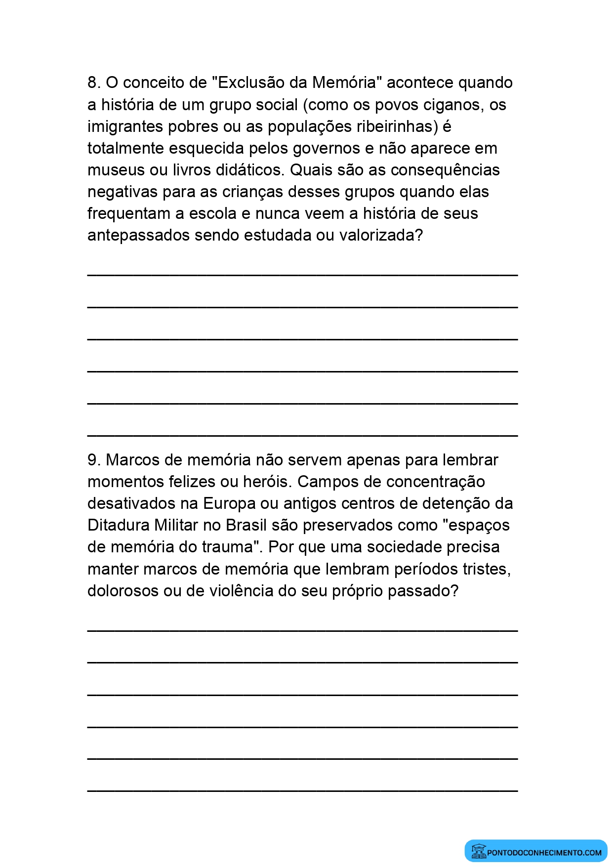 Atividades com interpretação sobre memória coletiva e grupos sociais