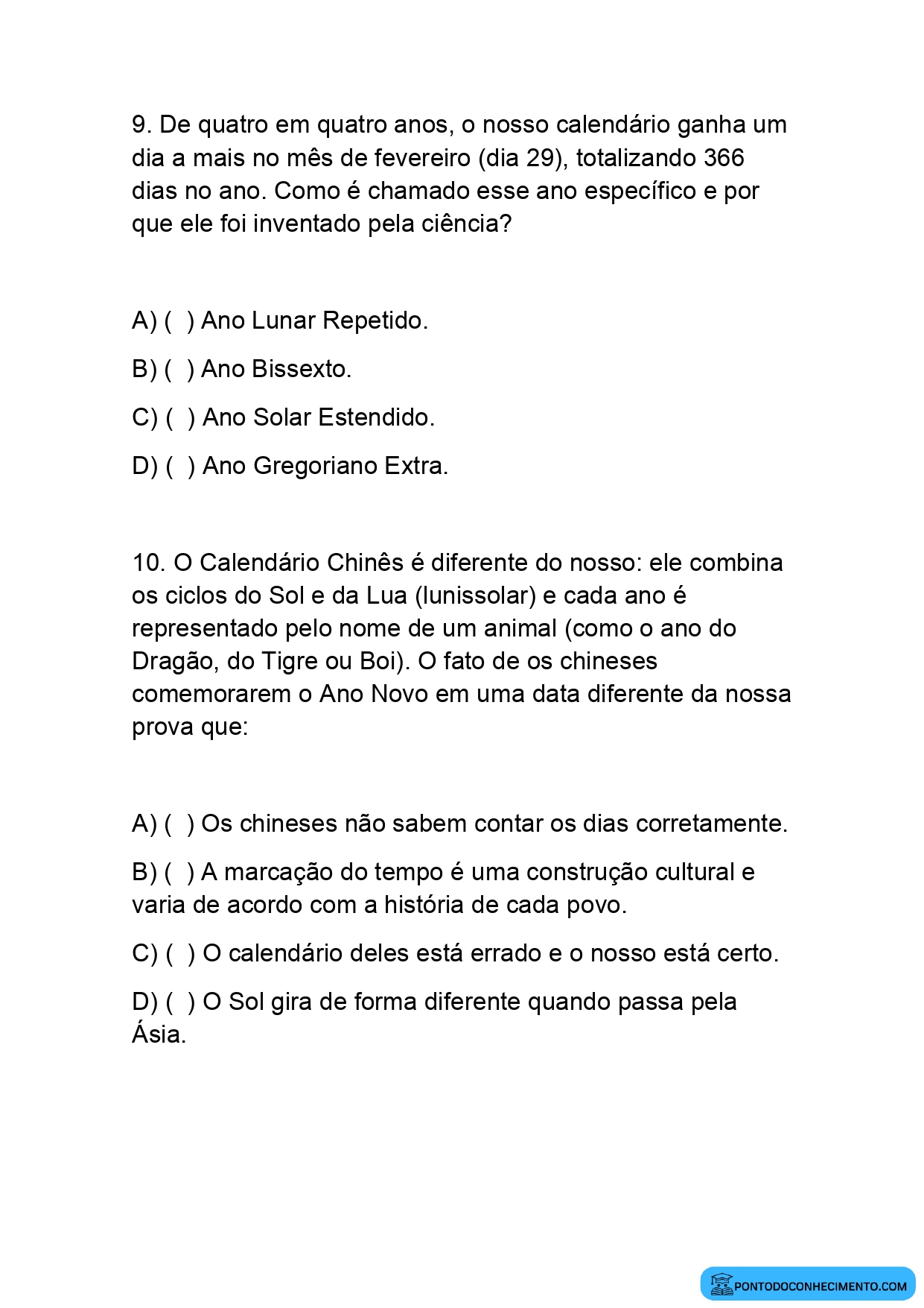Exercícios sobre Calendários nas Diferentes Sociedades para o 5º Ano