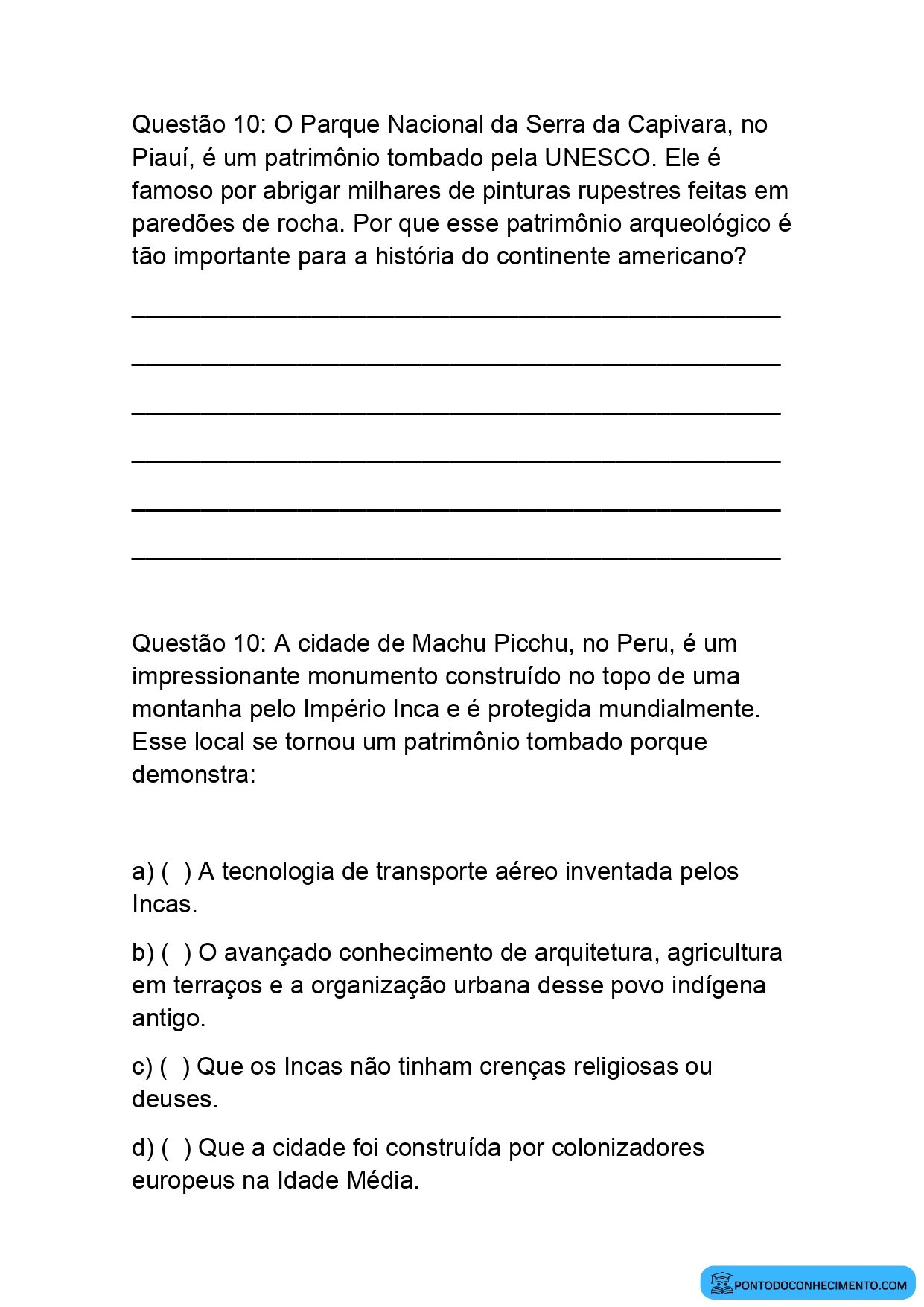 Avaliação de História 5º Ano sobre Patrimônio Cultural e Monumentos Tombados