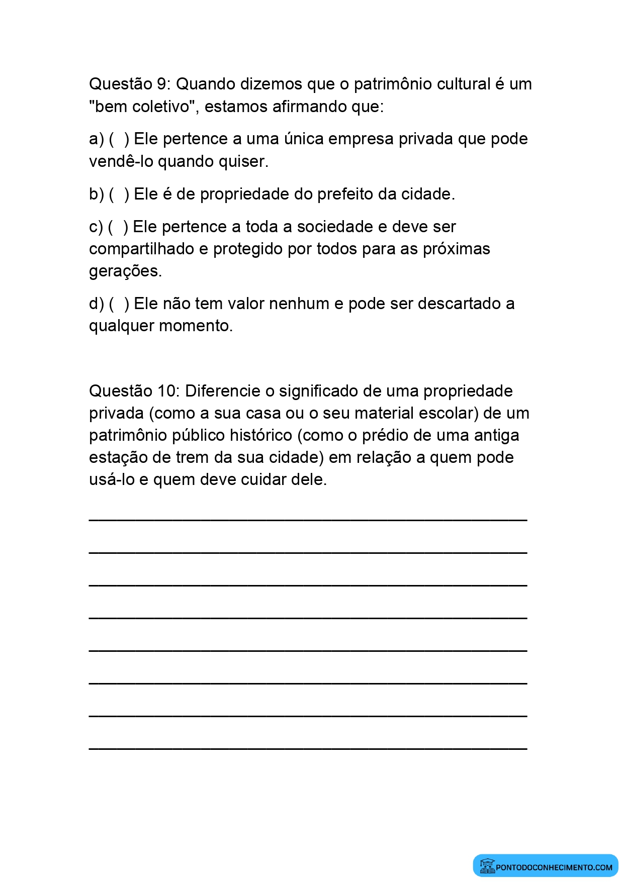 Avaliação de História 5º Ano sobre Preservação do Patrimônio