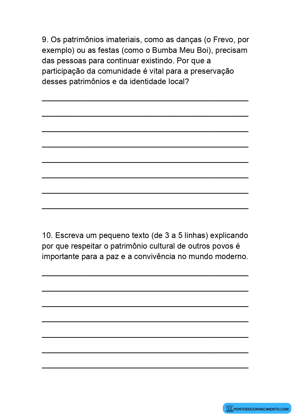 Atividade de História sobre patrimônio material e imaterial para o quinto ano