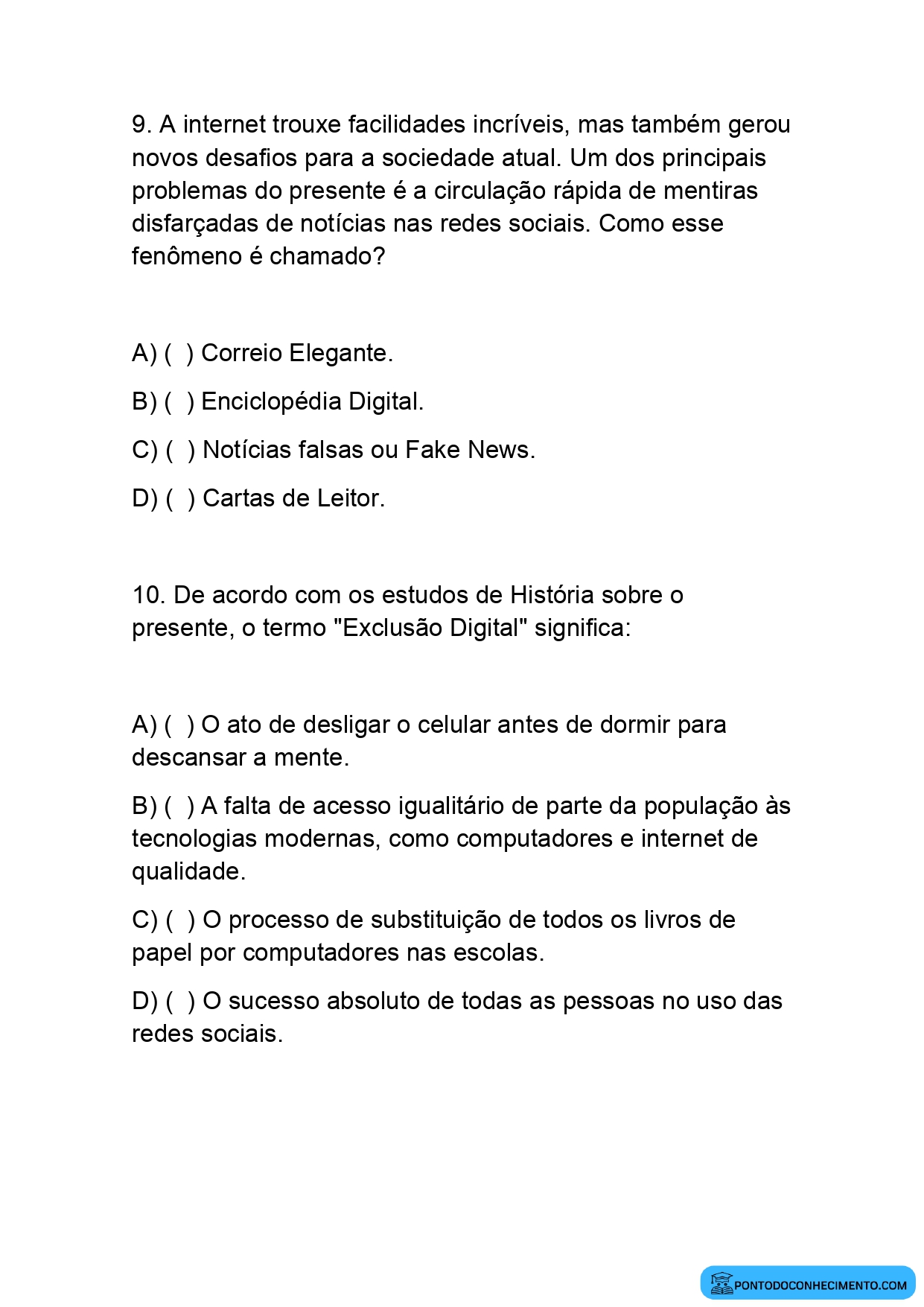 Questões de História sobre tecnologias de comunicação quinto ano