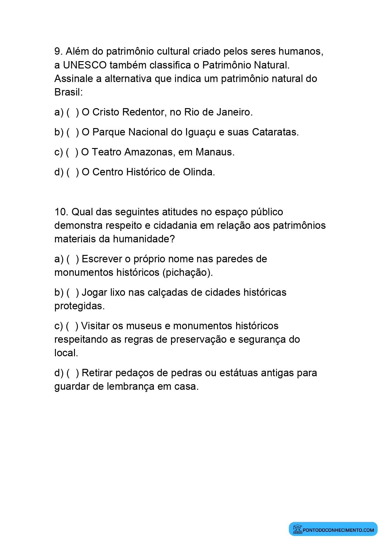 Atividade de História quinto ano sobre bens culturais materiais e imateriais