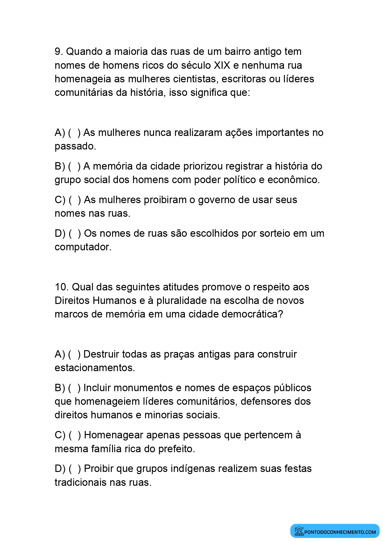 Atividade de História quinto ano sobre a preservação da memória histórica