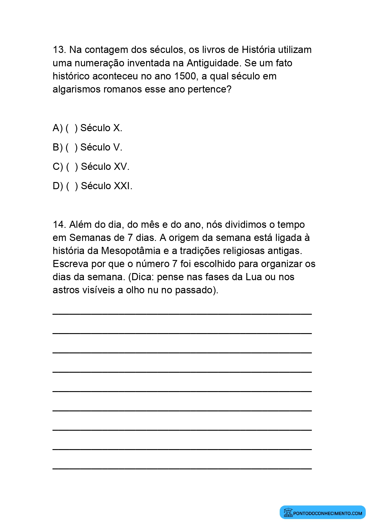 Questões sobre Calendários e Medição do Tempo para o Ensino Fundamental