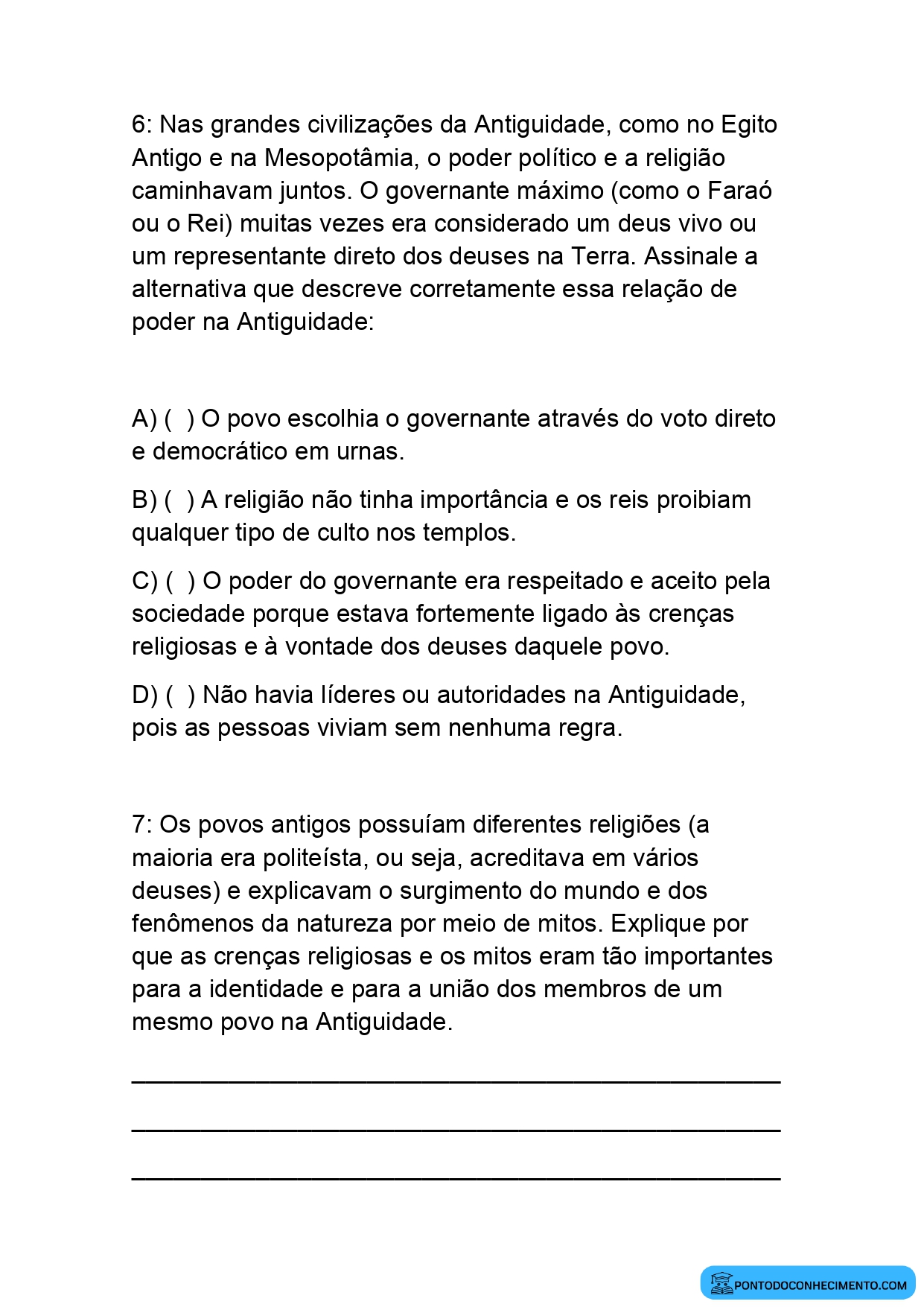 Avaliação de história para o 5 ano do E.F primeiro bimestre