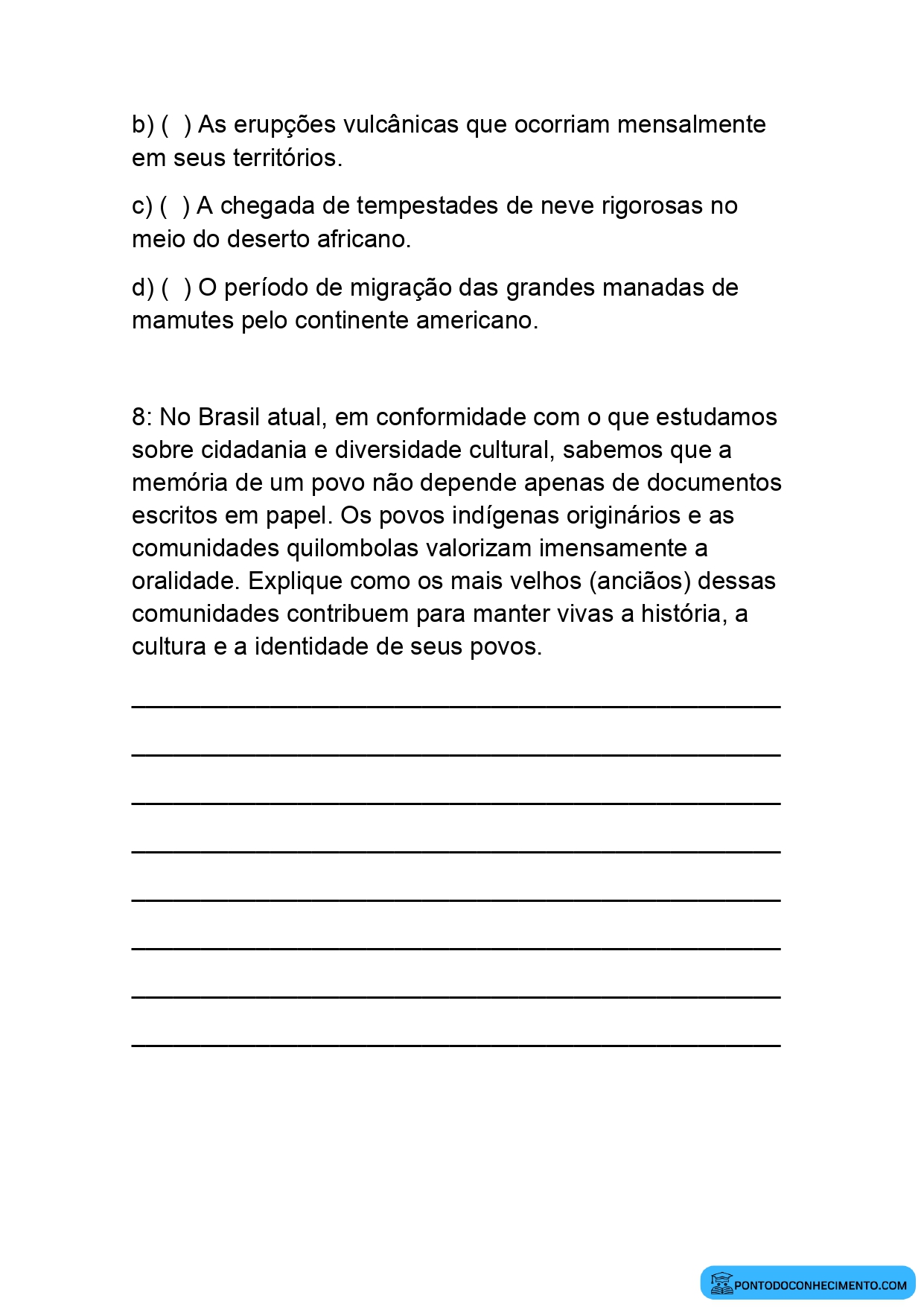 Prova de história para o 5º ano segundo bimestre